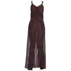 1930'S Brown Silk Chiffon Woven With A Dusty Blue Velvet Stripe Gown From Paris
