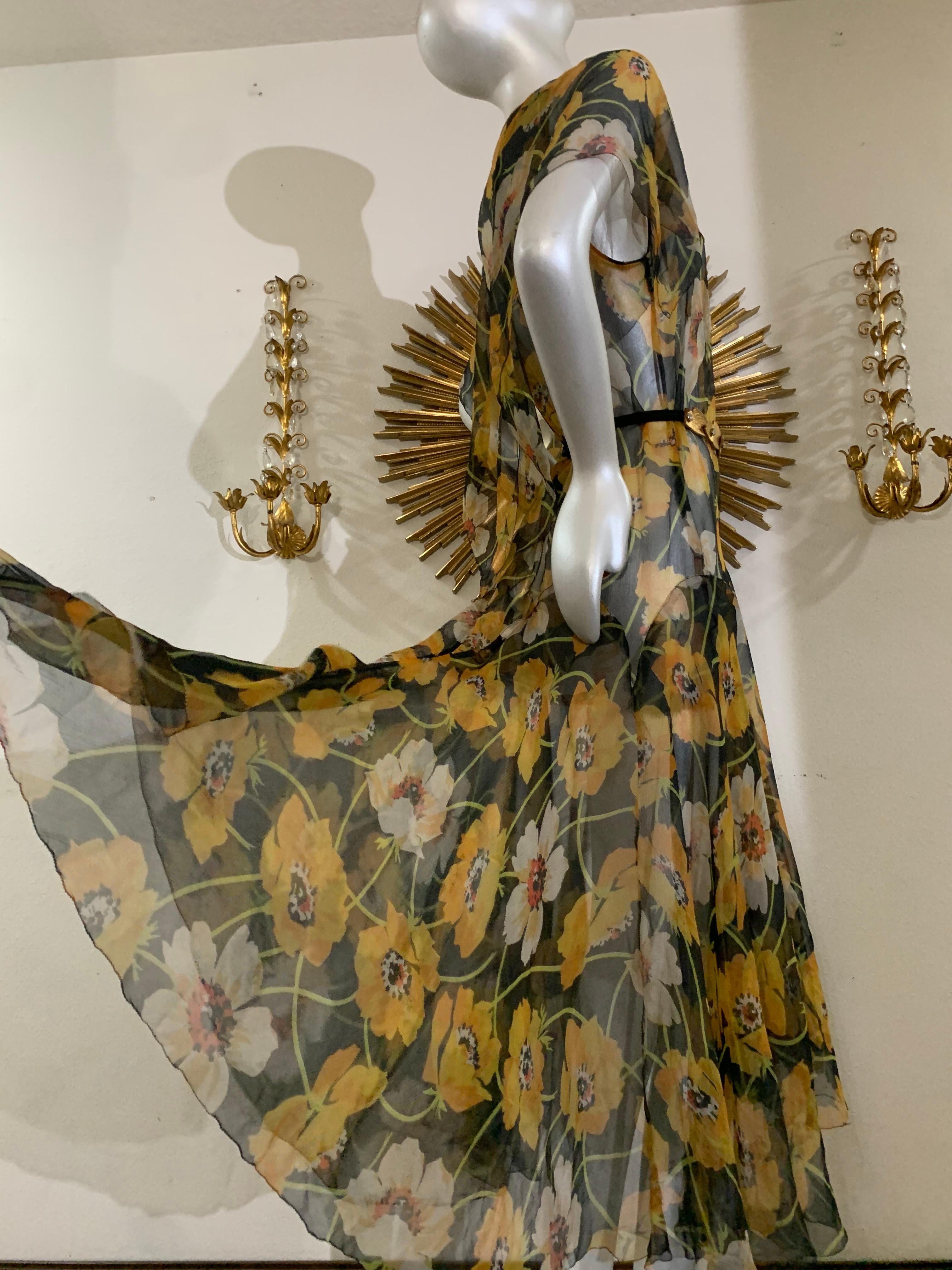 1930s Silk Chiffon Yellow Poppy Print Classic Style Dress w Draped Shoulders 6