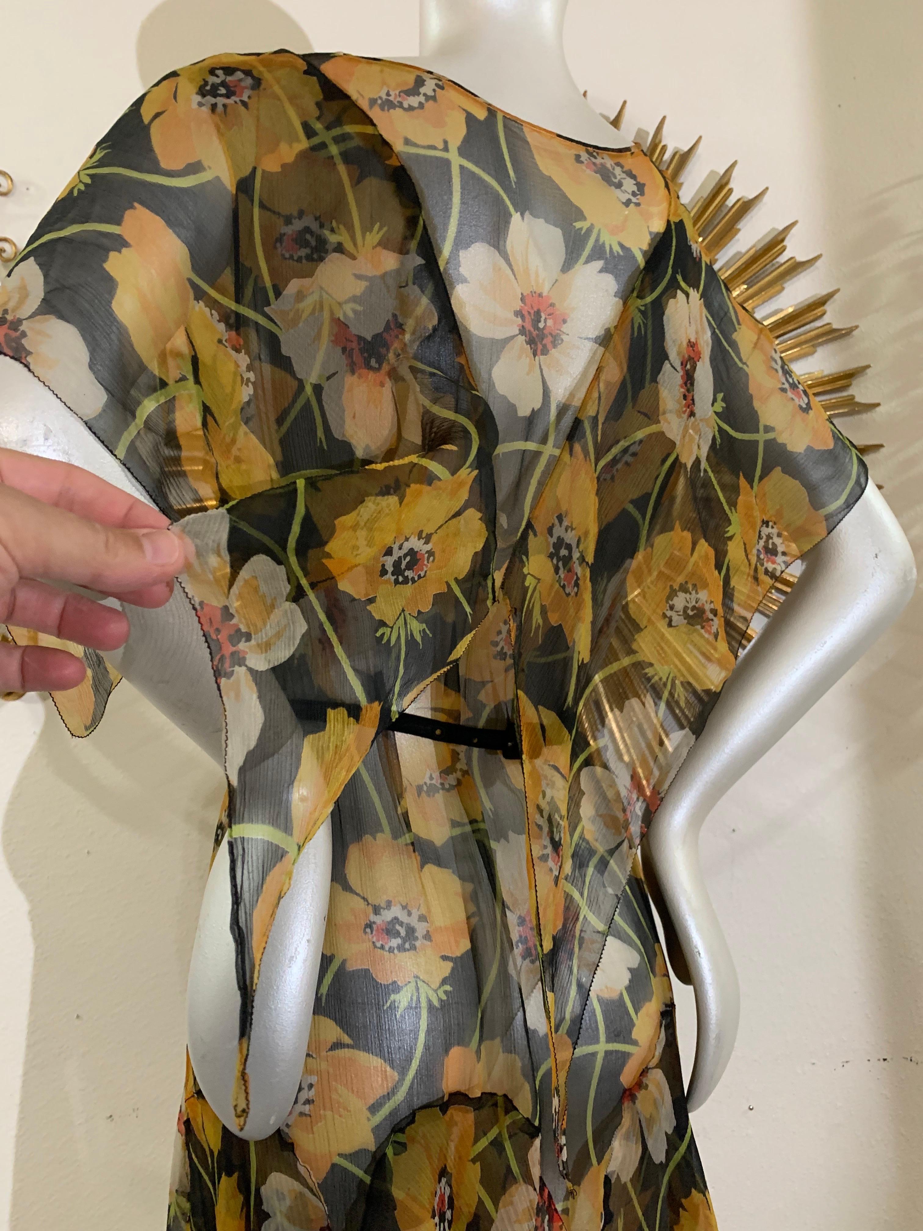 1930s Silk Chiffon Yellow Poppy Print Classic Style Dress w Draped Shoulders 7