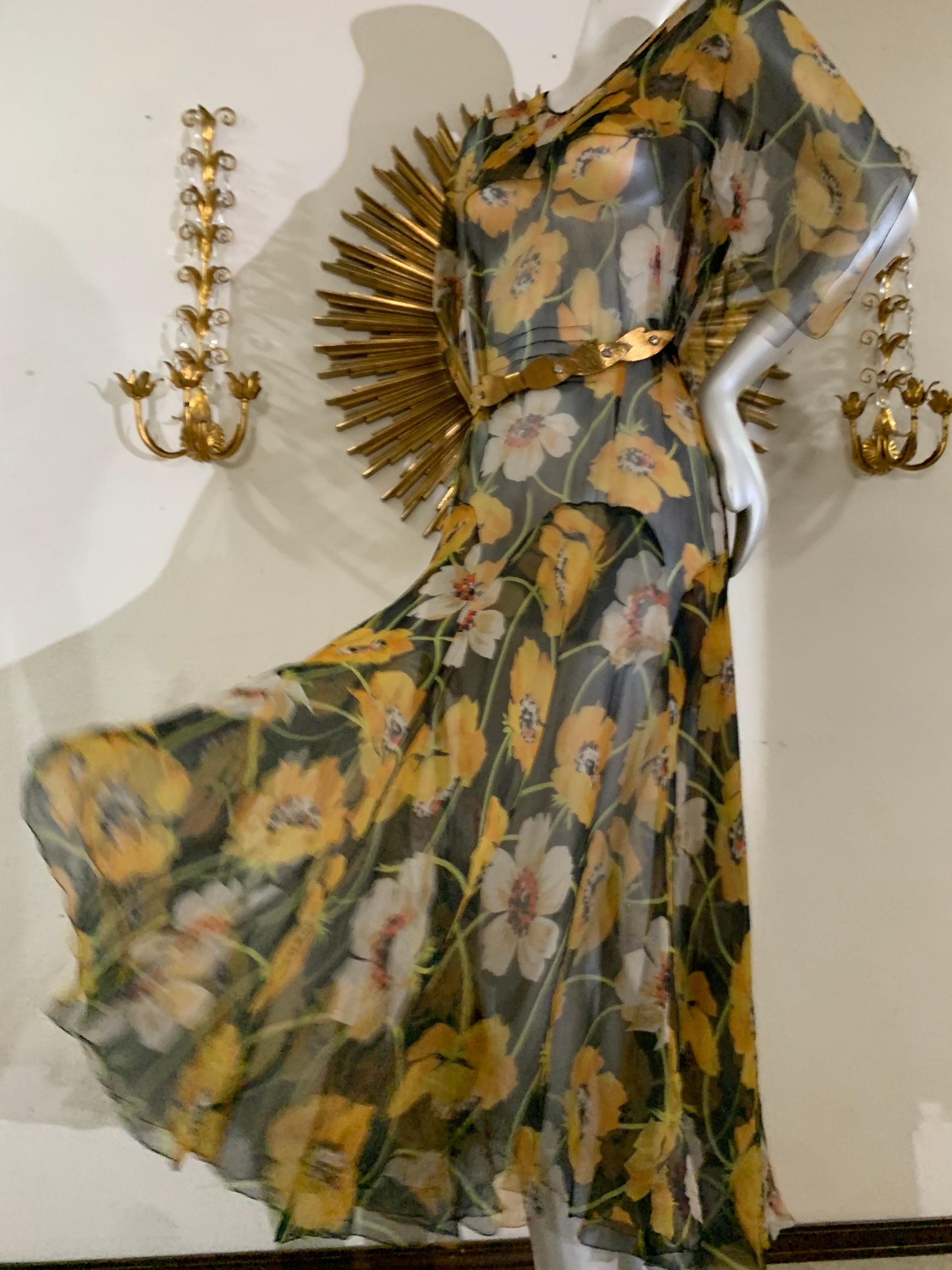 1930s Silk Chiffon Yellow Poppy Print Classic Style Dress w Draped Shoulders 8