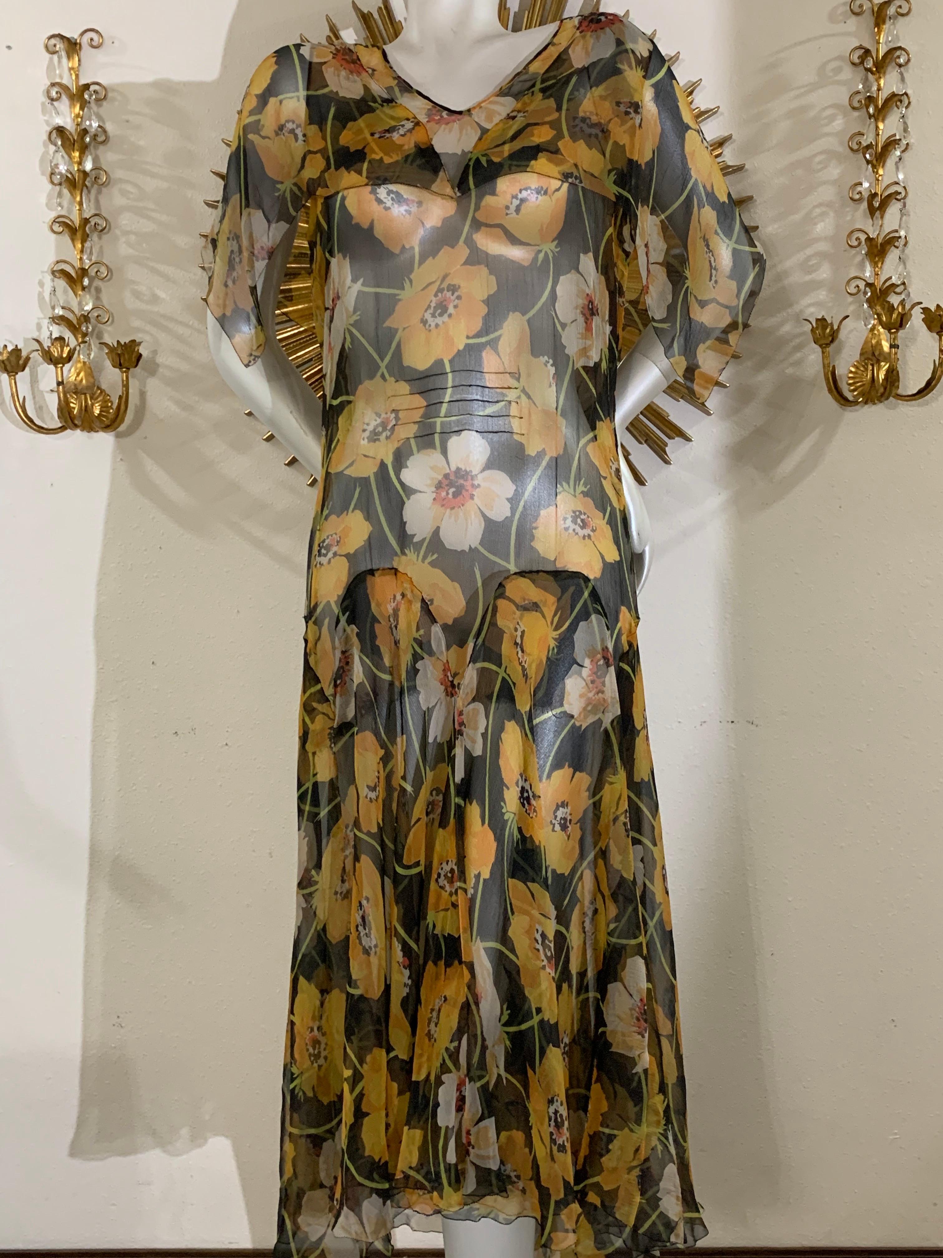 1930s Silk Chiffon Yellow Poppy Print Classic Style Dress w Draped Shoulders 9