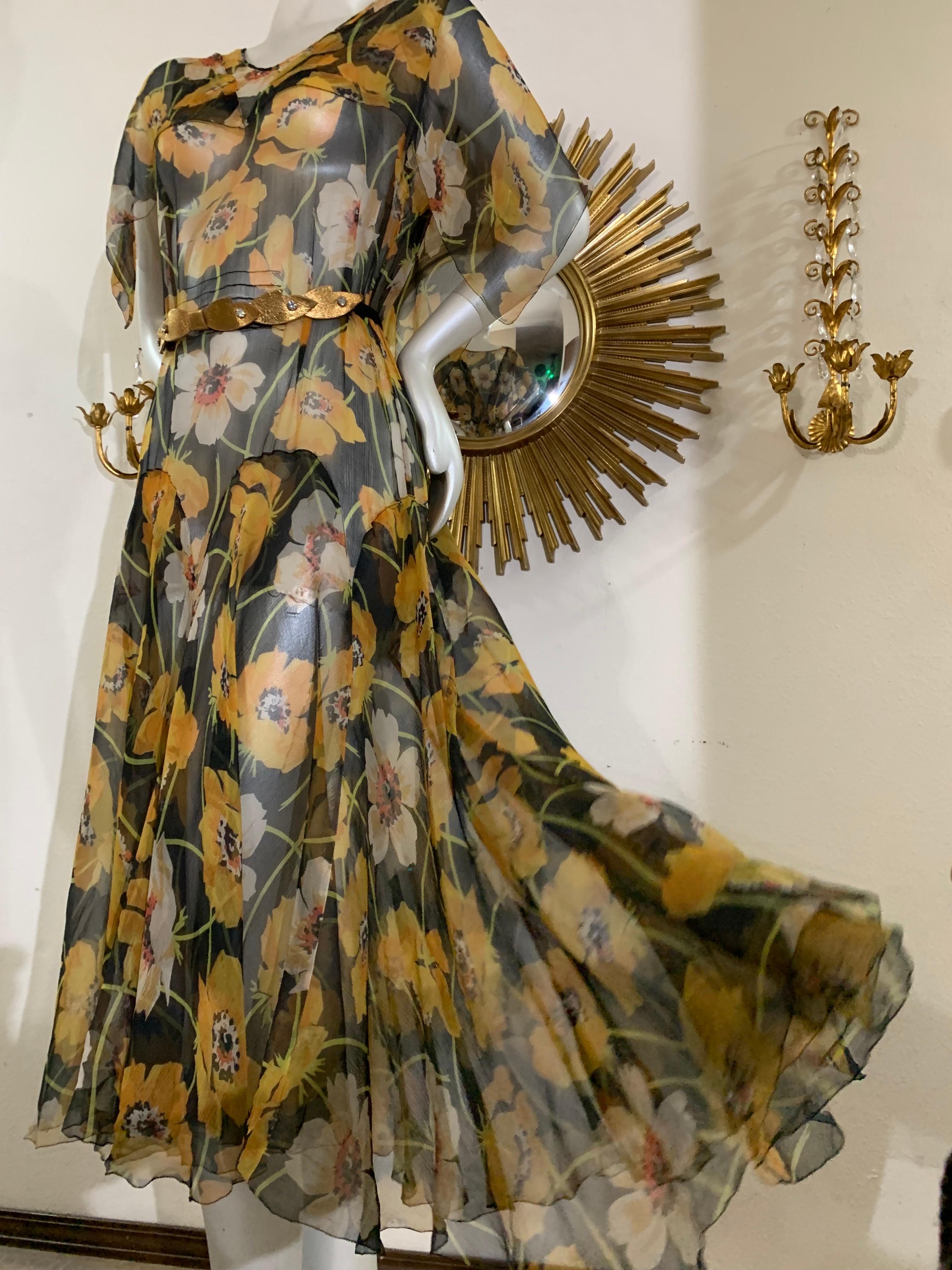 1930s Silk Chiffon Yellow Poppy Print Classic Style Dress w Draped Shoulders 10