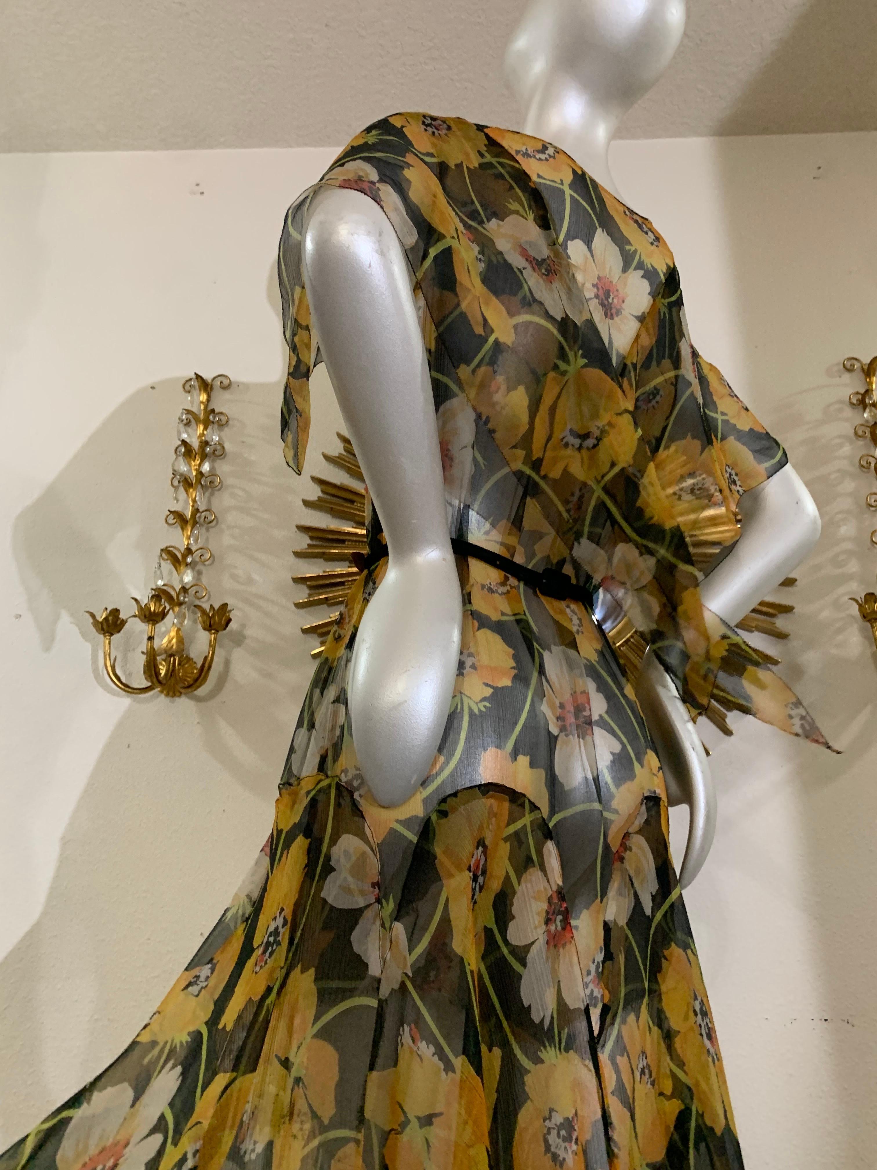 1930s Silk Chiffon Yellow Poppy Print Classic Style Dress w Draped Shoulders 11