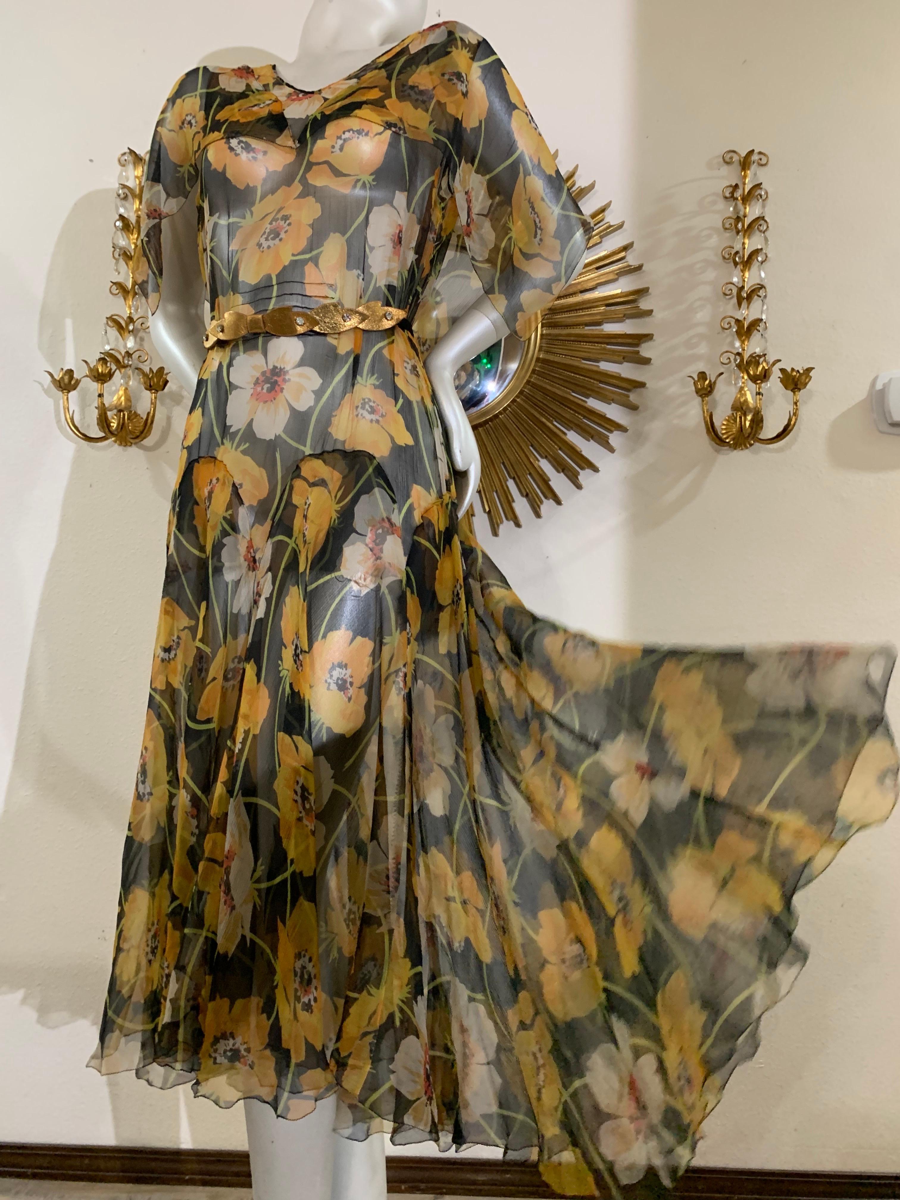 1930s Silk Chiffon Yellow Poppy Print Classic Style Dress w Draped Shoulders 12