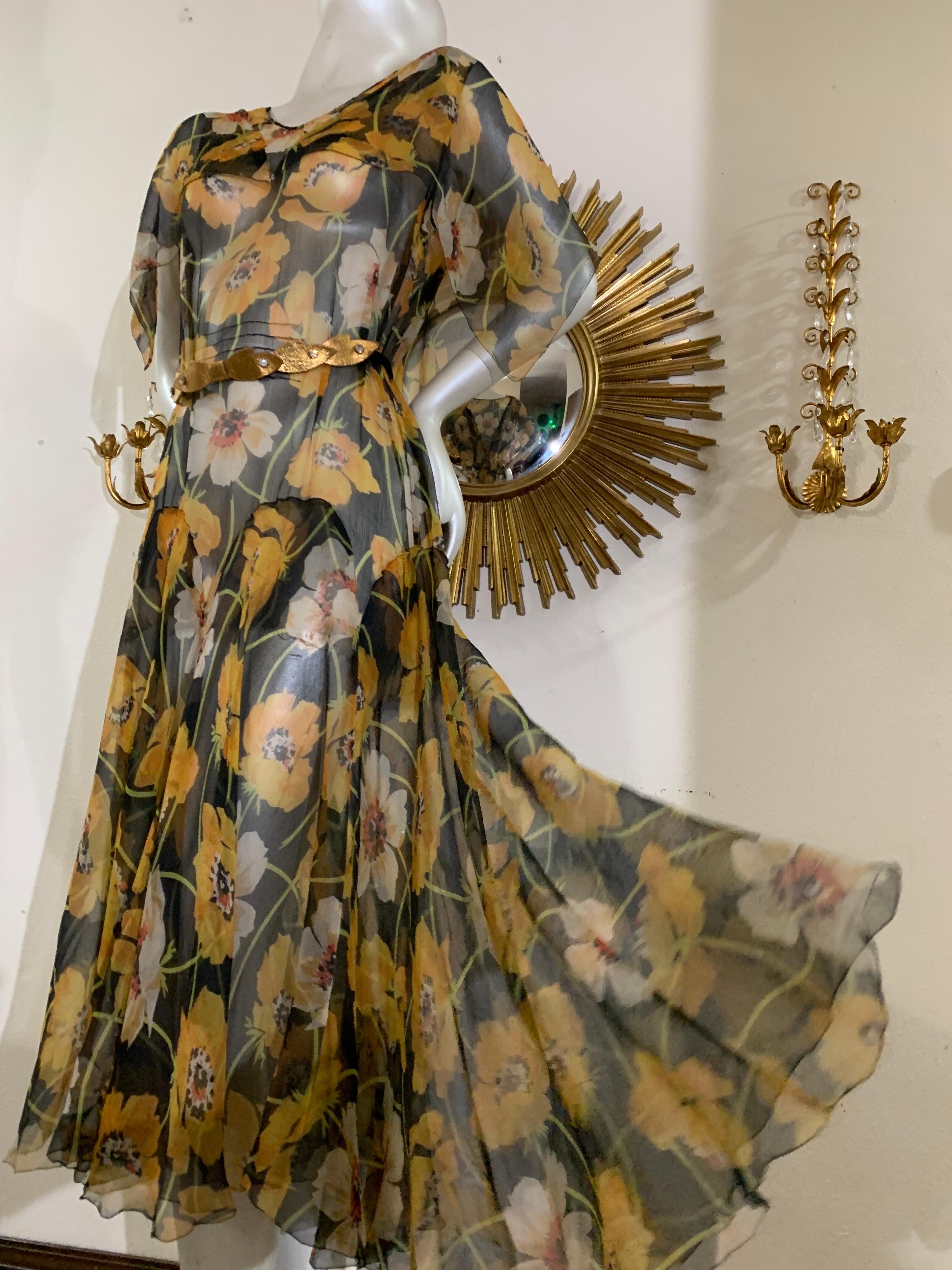 1930s Silk Chiffon Yellow Poppy Print Classic Style Dress w Draped Shoulders 13
