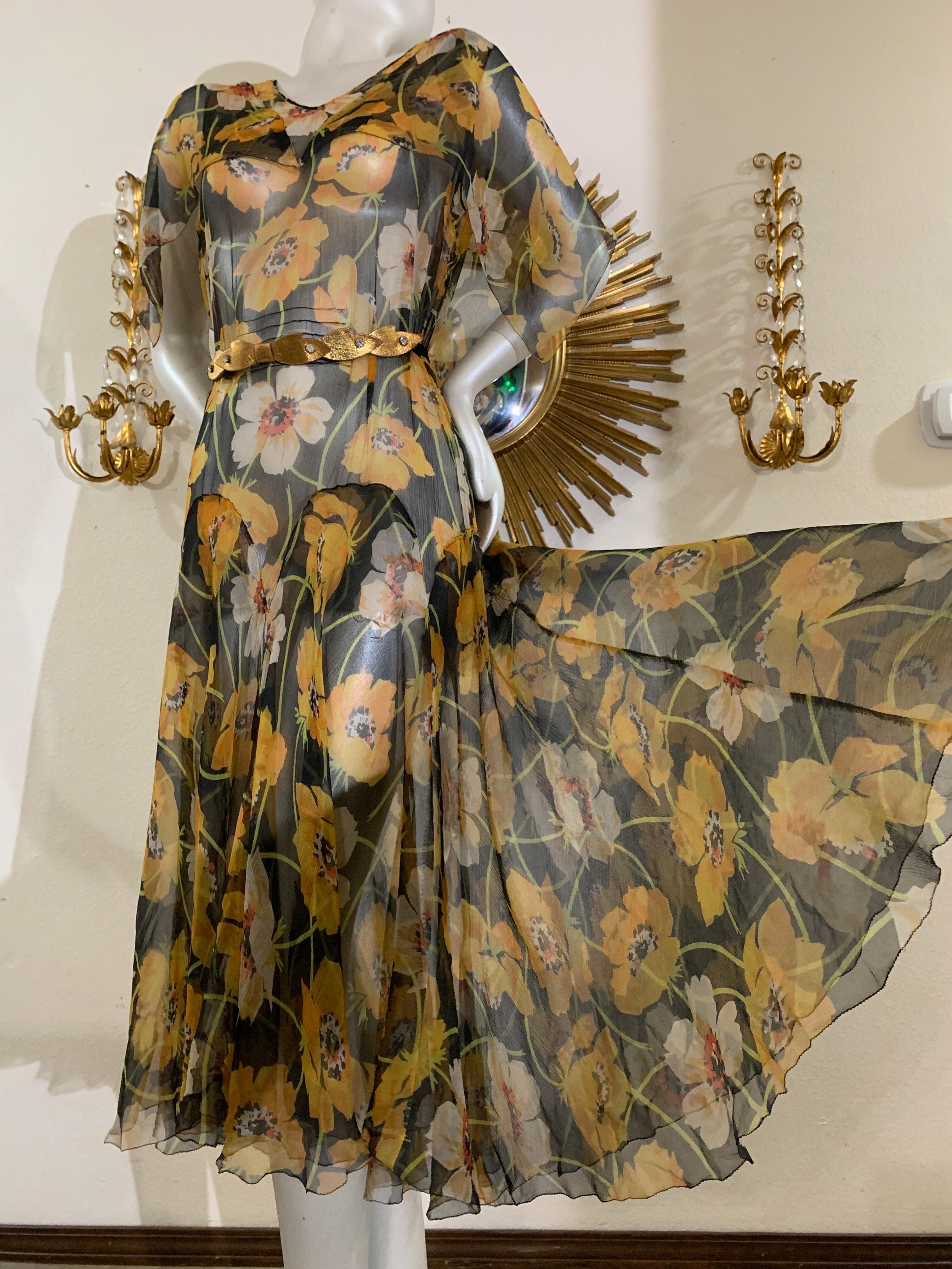 1930s Silk Chiffon Yellow Poppy Print Dress w Draped Shoulders: A 1930s classic!  Sheer silk chiffon is printed with yellow and white poppies on a black ground. This is a stunning example of chic '30s--partially draped on the bias with flowing