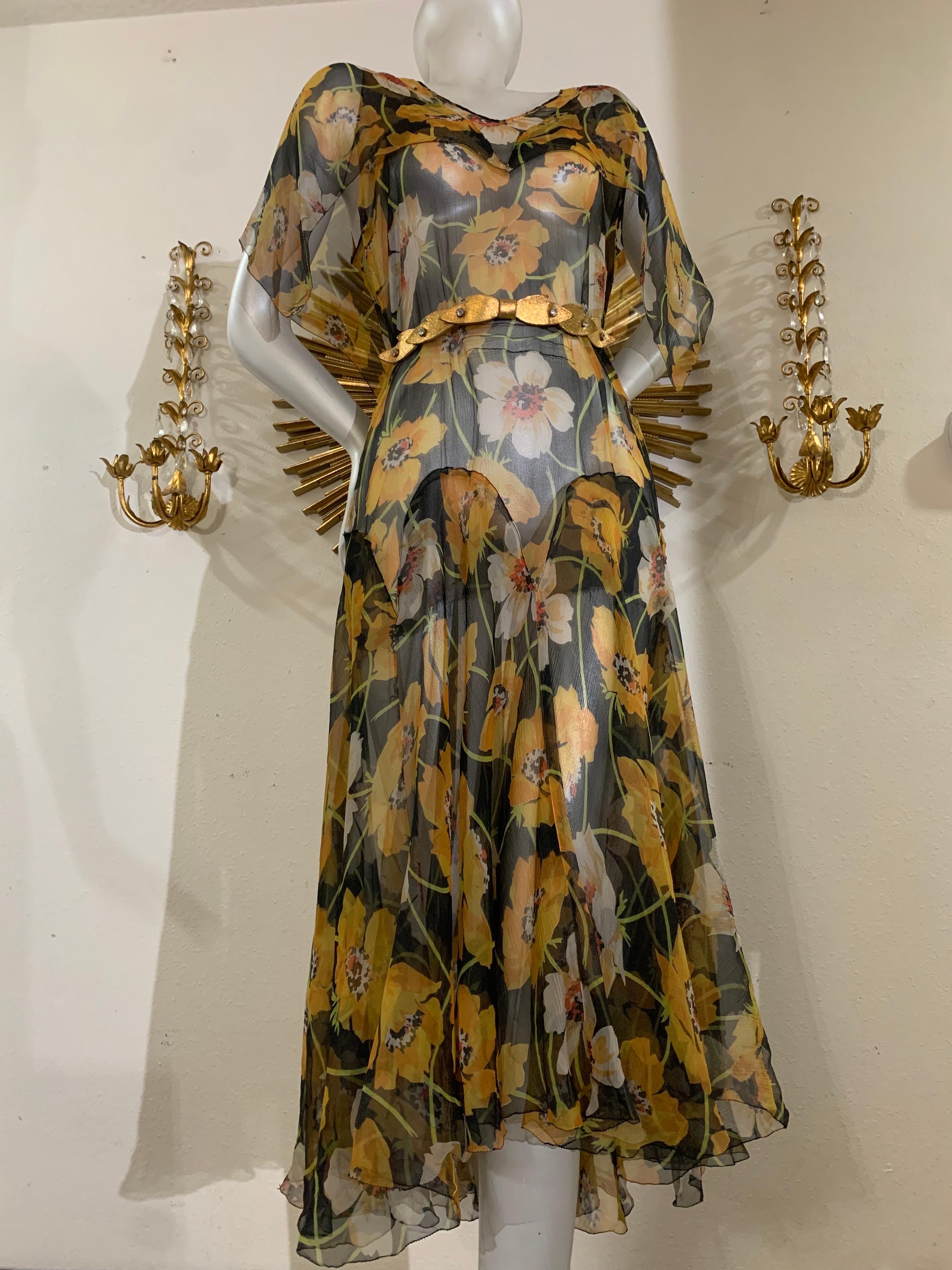 1930s Silk Chiffon Yellow Poppy Print Classic Style Dress w Draped Shoulders In Good Condition In Gresham, OR