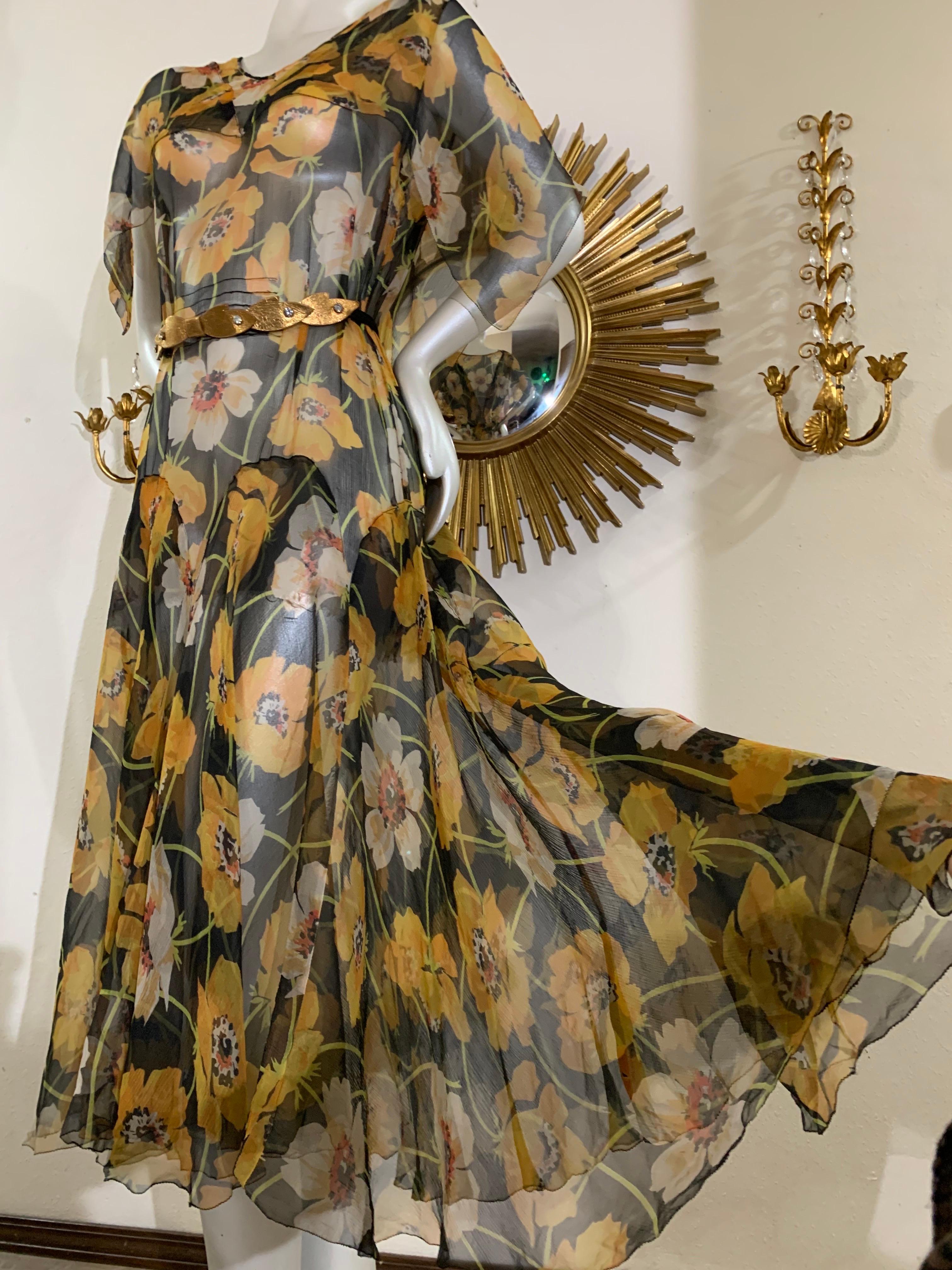 Women's 1930s Silk Chiffon Yellow Poppy Print Classic Style Dress w Draped Shoulders
