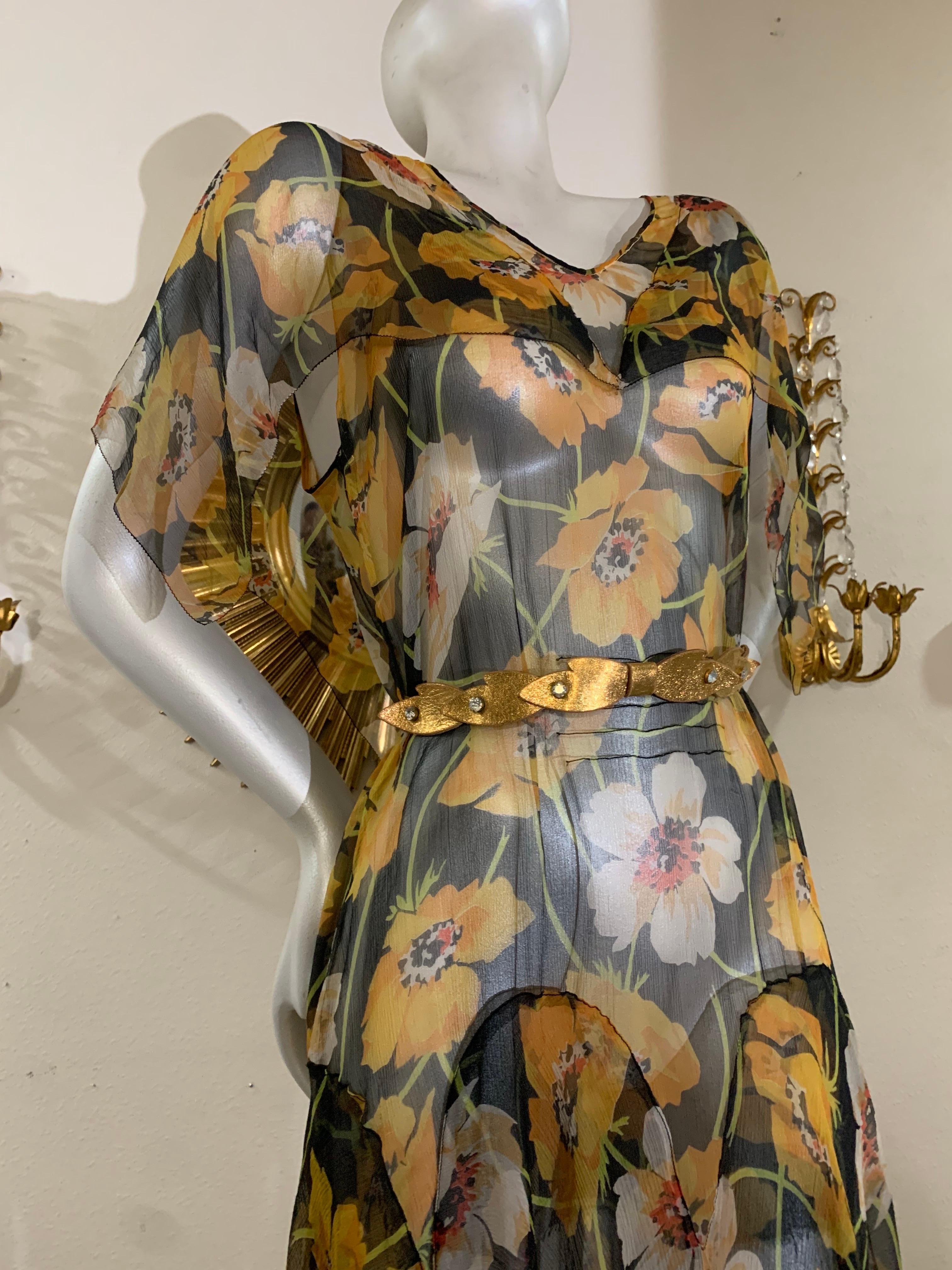 1930s Silk Chiffon Yellow Poppy Print Classic Style Dress w Draped Shoulders 1