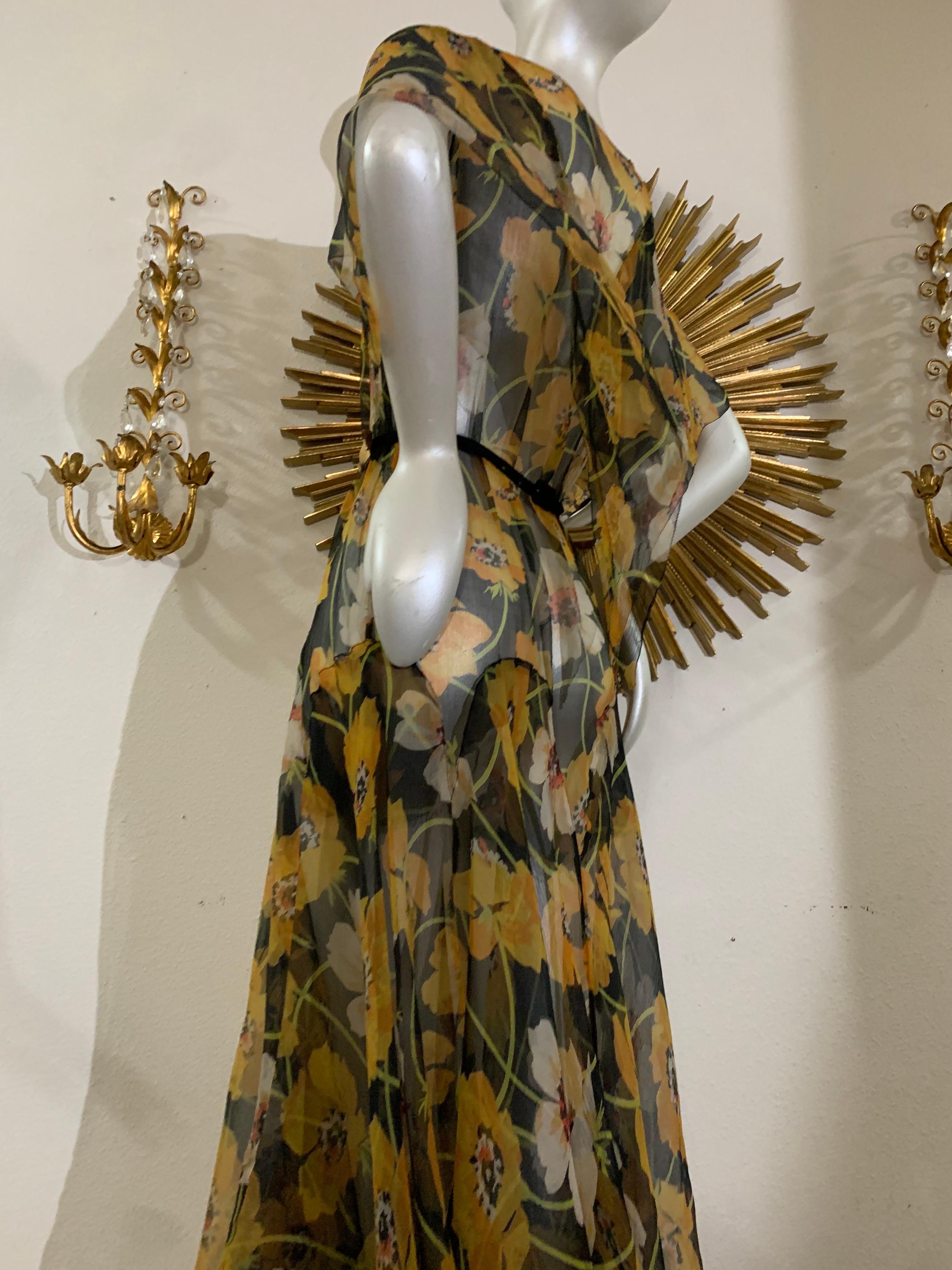 1930s Silk Chiffon Yellow Poppy Print Classic Style Dress w Draped Shoulders 2