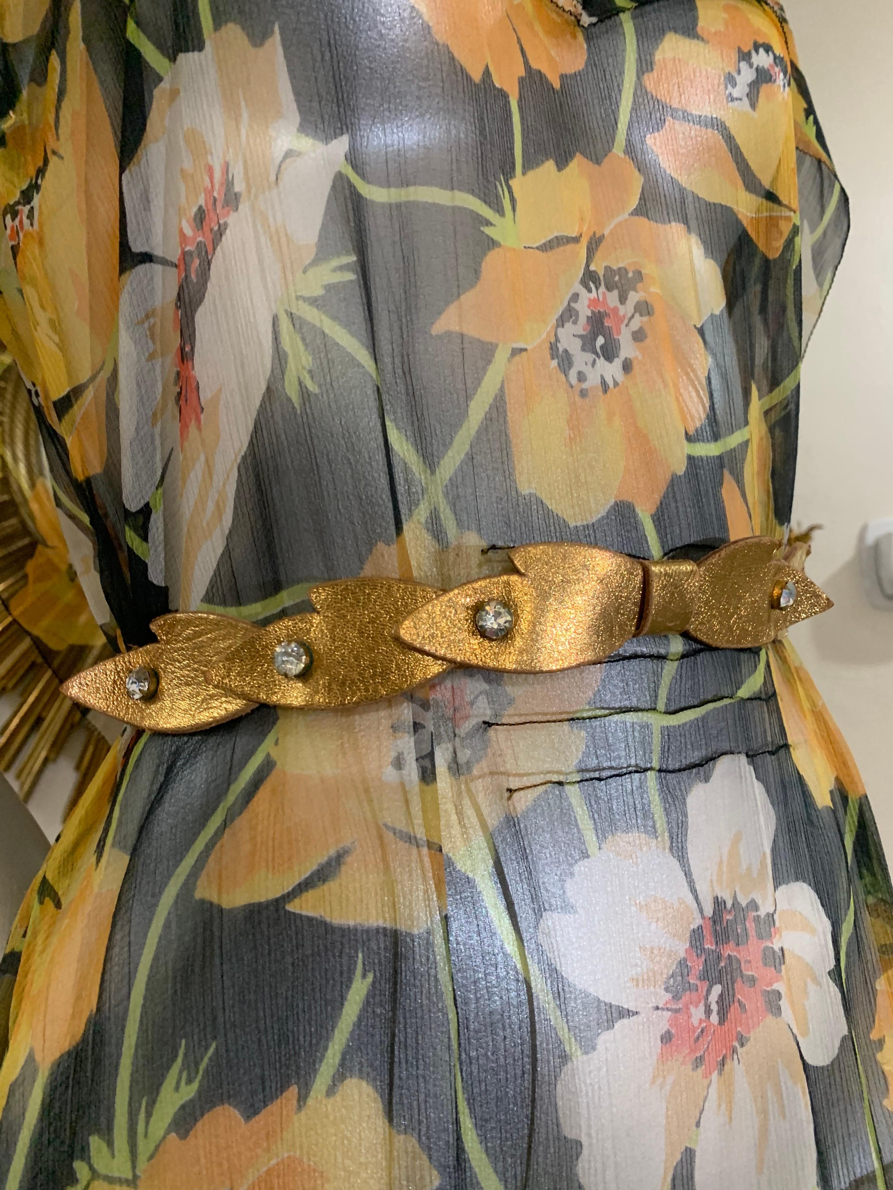 1930s Silk Chiffon Yellow Poppy Print Classic Style Dress w Draped Shoulders 3