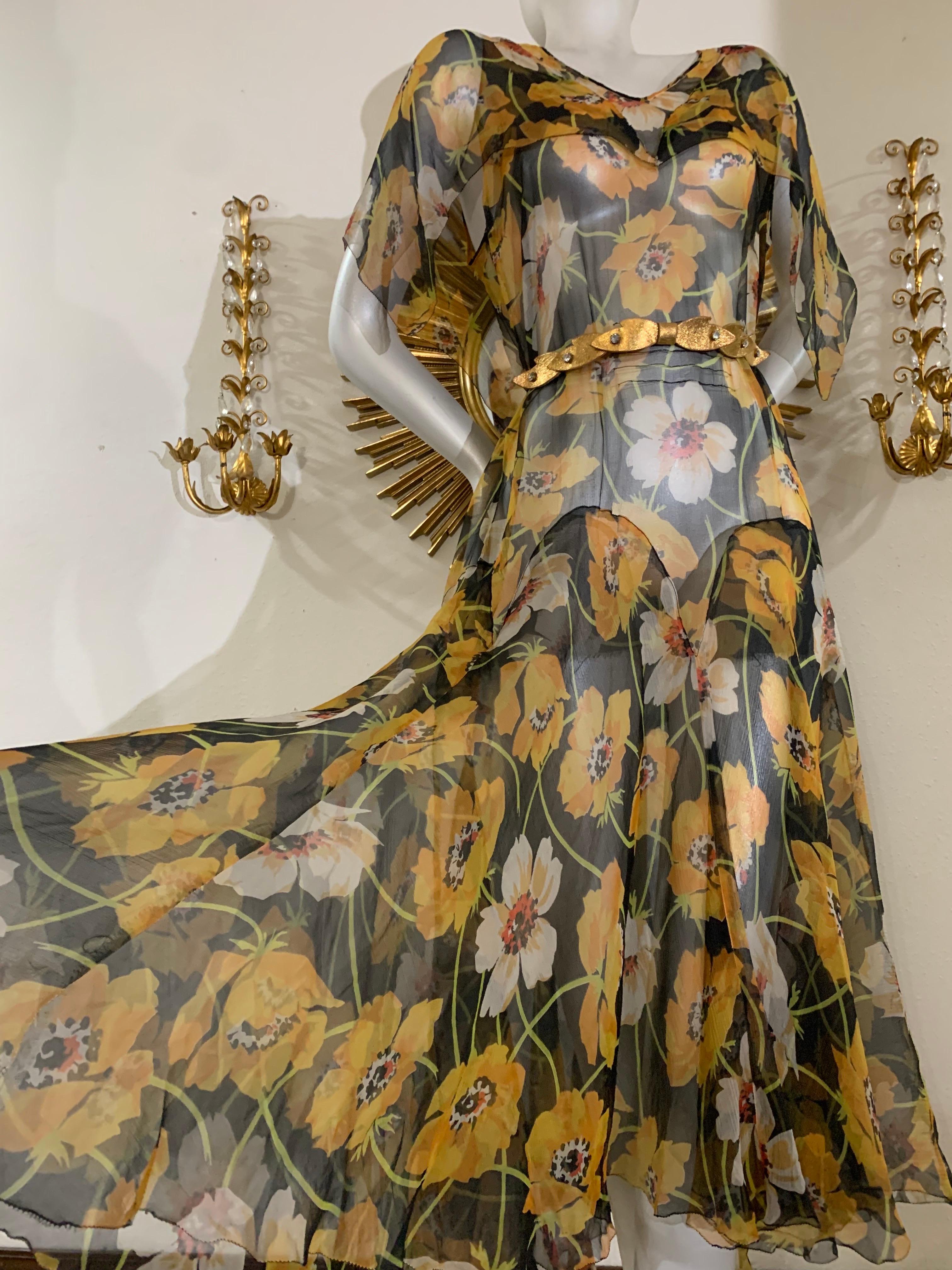 1930s Silk Chiffon Yellow Poppy Print Classic Style Dress w Draped Shoulders 4