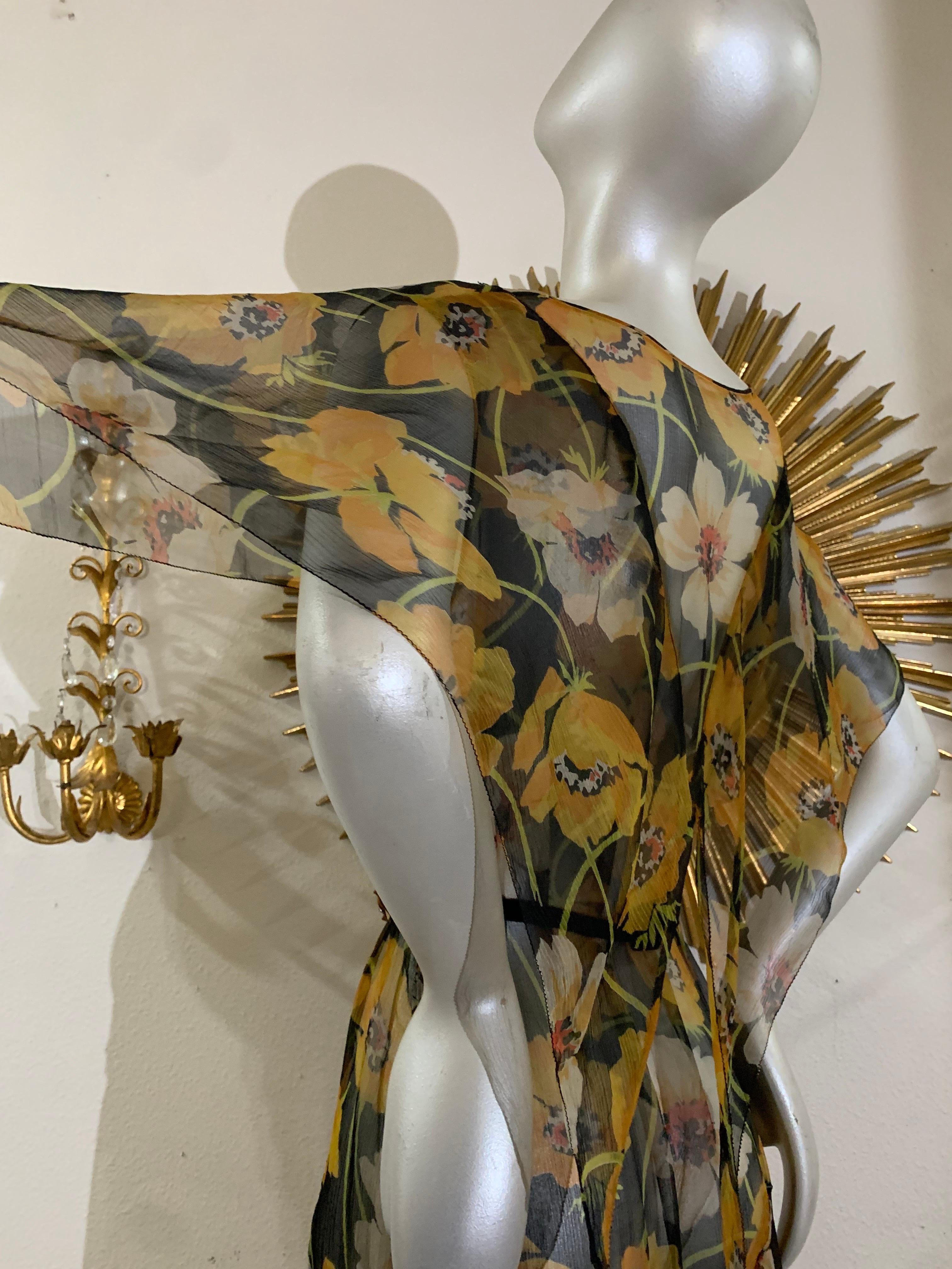 1930s Silk Chiffon Yellow Poppy Print Classic Style Dress w Draped Shoulders 5