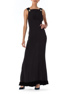 1930S Rayon Crepe & Velvet Gown Straight Cut With As-Is Deco Crystal Details