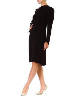 1930S Black Silk Crepe Back Satin Long Sleeve Dress With Shirred Bodice Detail