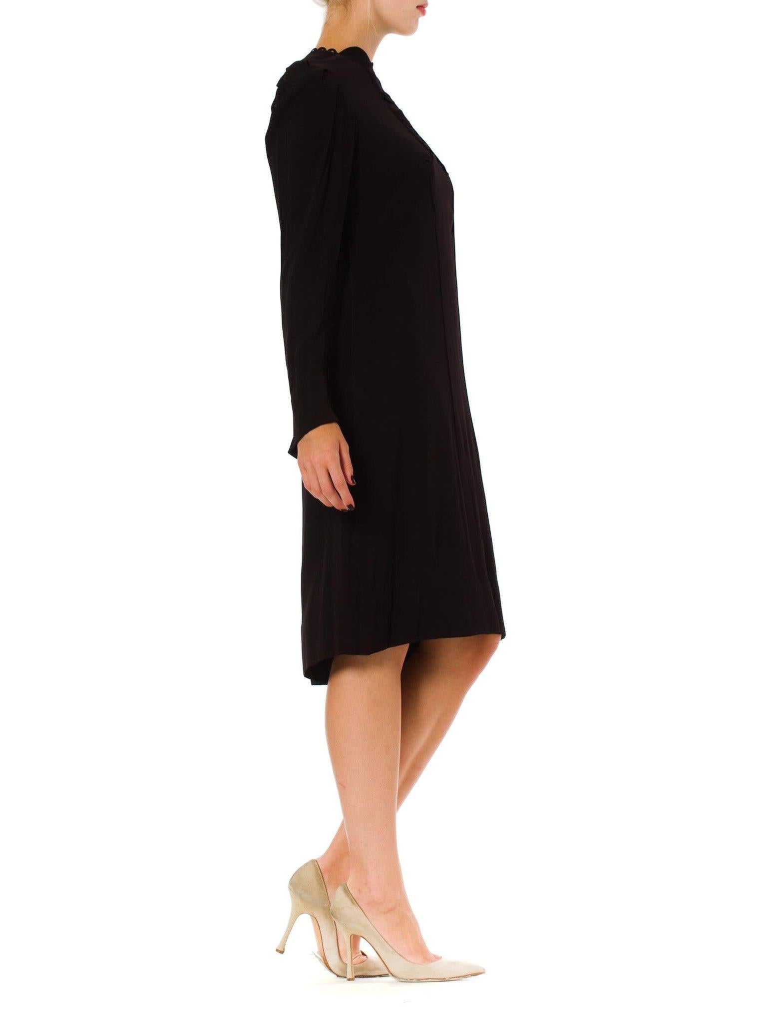 Women's 1930S Black Silk Crepe Back Satin Long Sleeve Dress With Shirred Bodice Detail For Sale