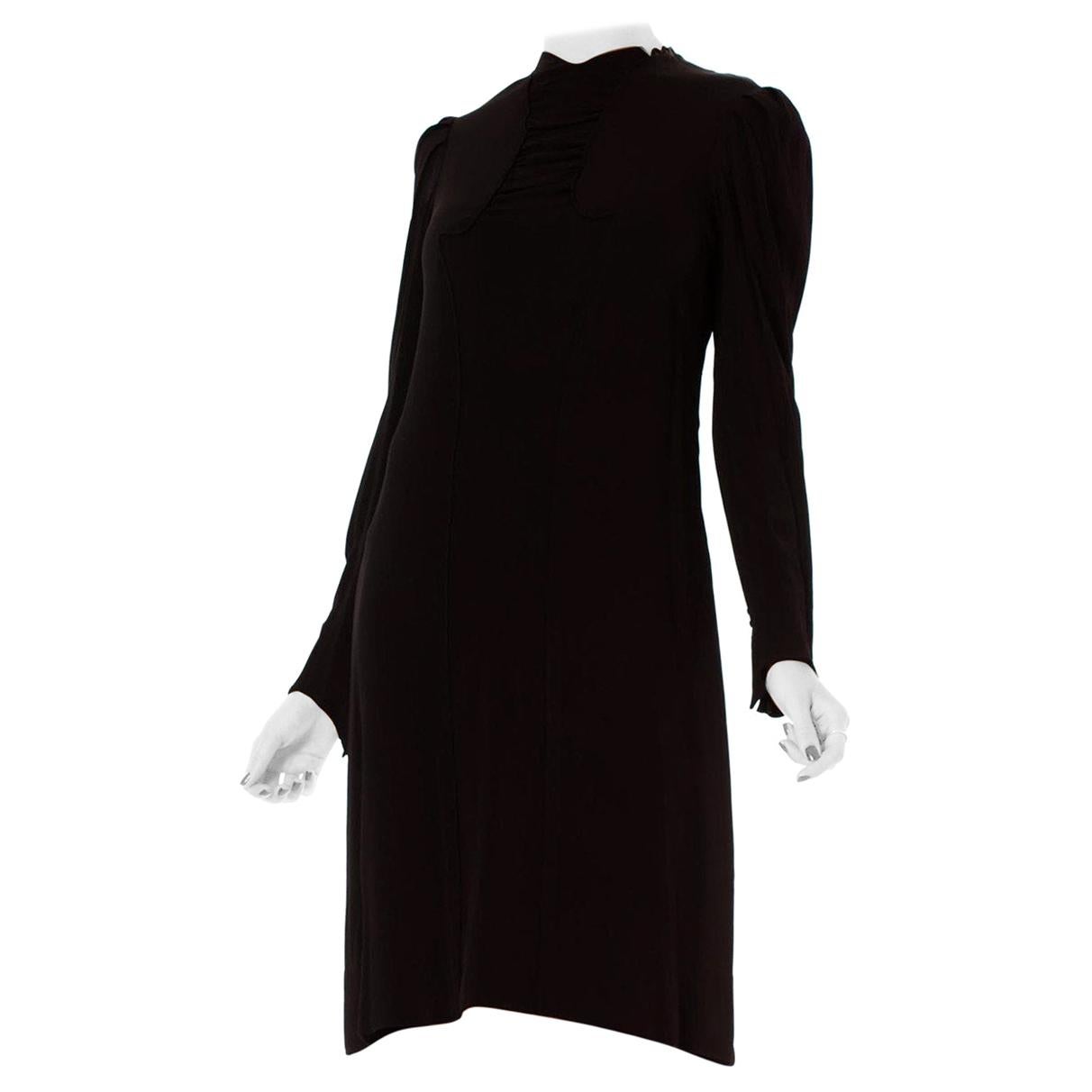 1930S Black Silk Crepe Back Satin Long Sleeve Dress With Shirred Bodice Detail For Sale