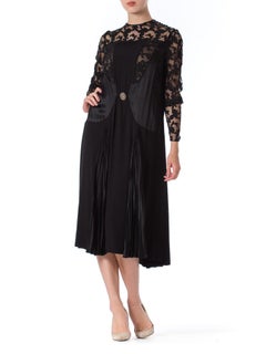 1920S Black Silk Crepe & Appliquéd Net Dress With Gorgeous Buckle Sleeves