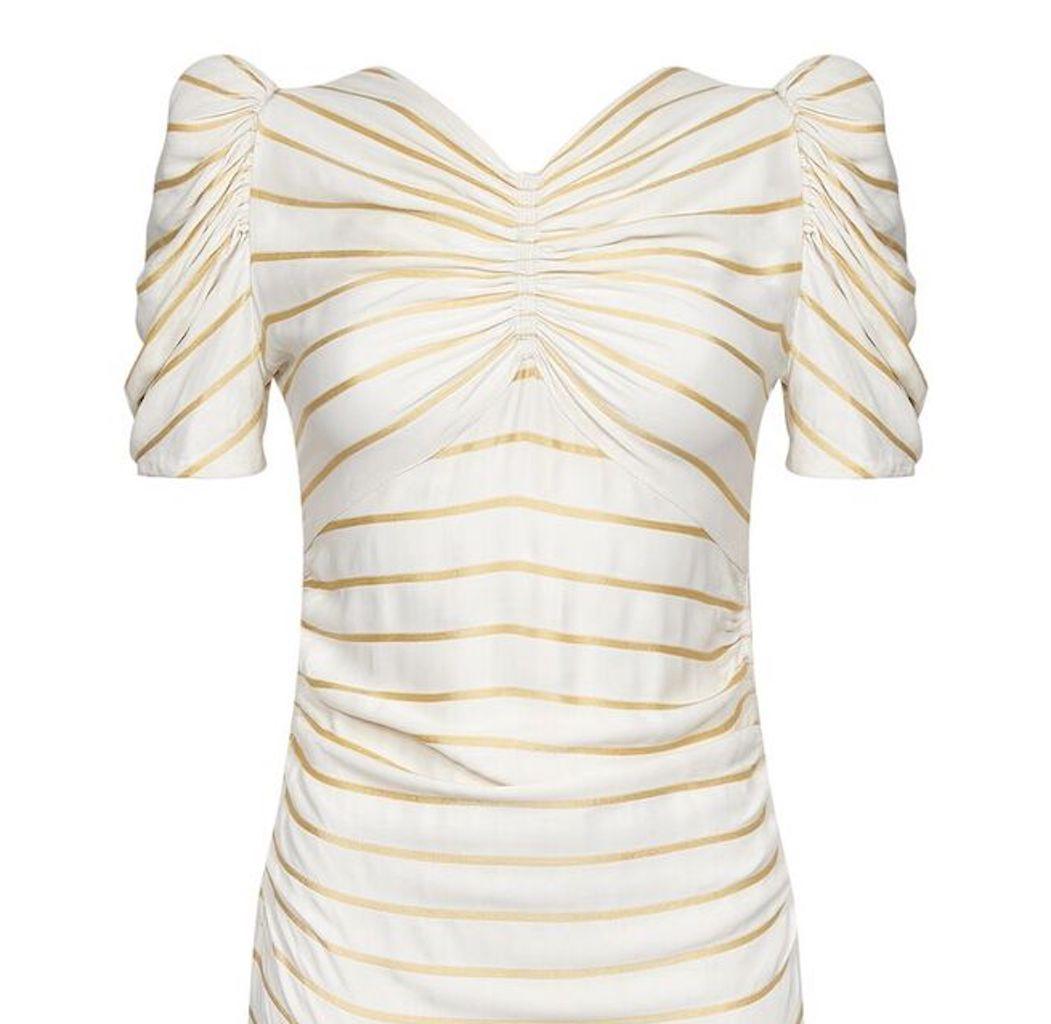 1930s Silk Dress With Sunburst Bodice and Gold Silk Thread Stripes In Good Condition In London, GB
