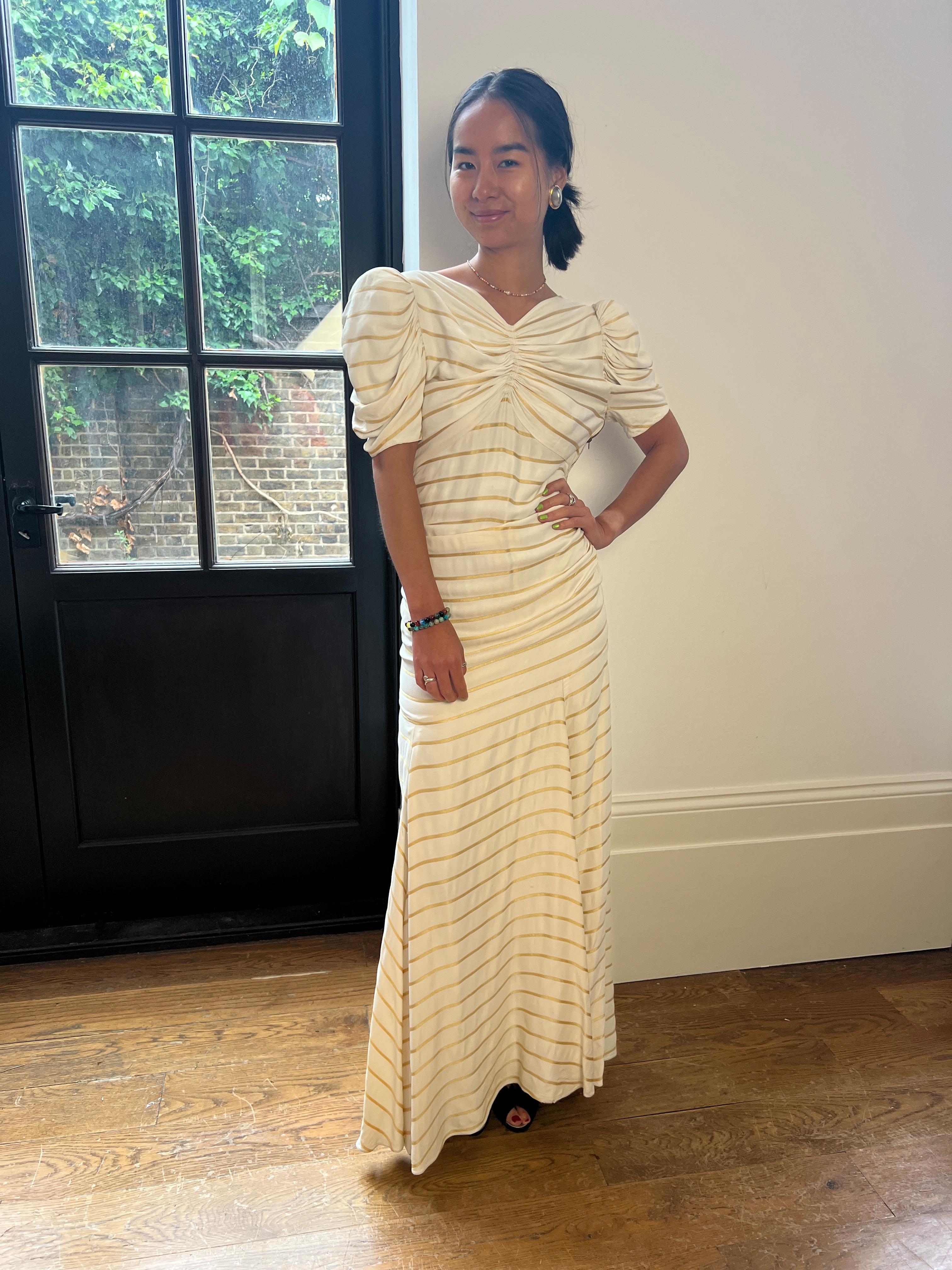 1930s Silk Dress With Sunburst Bodice and Gold Silk Thread Stripes 1