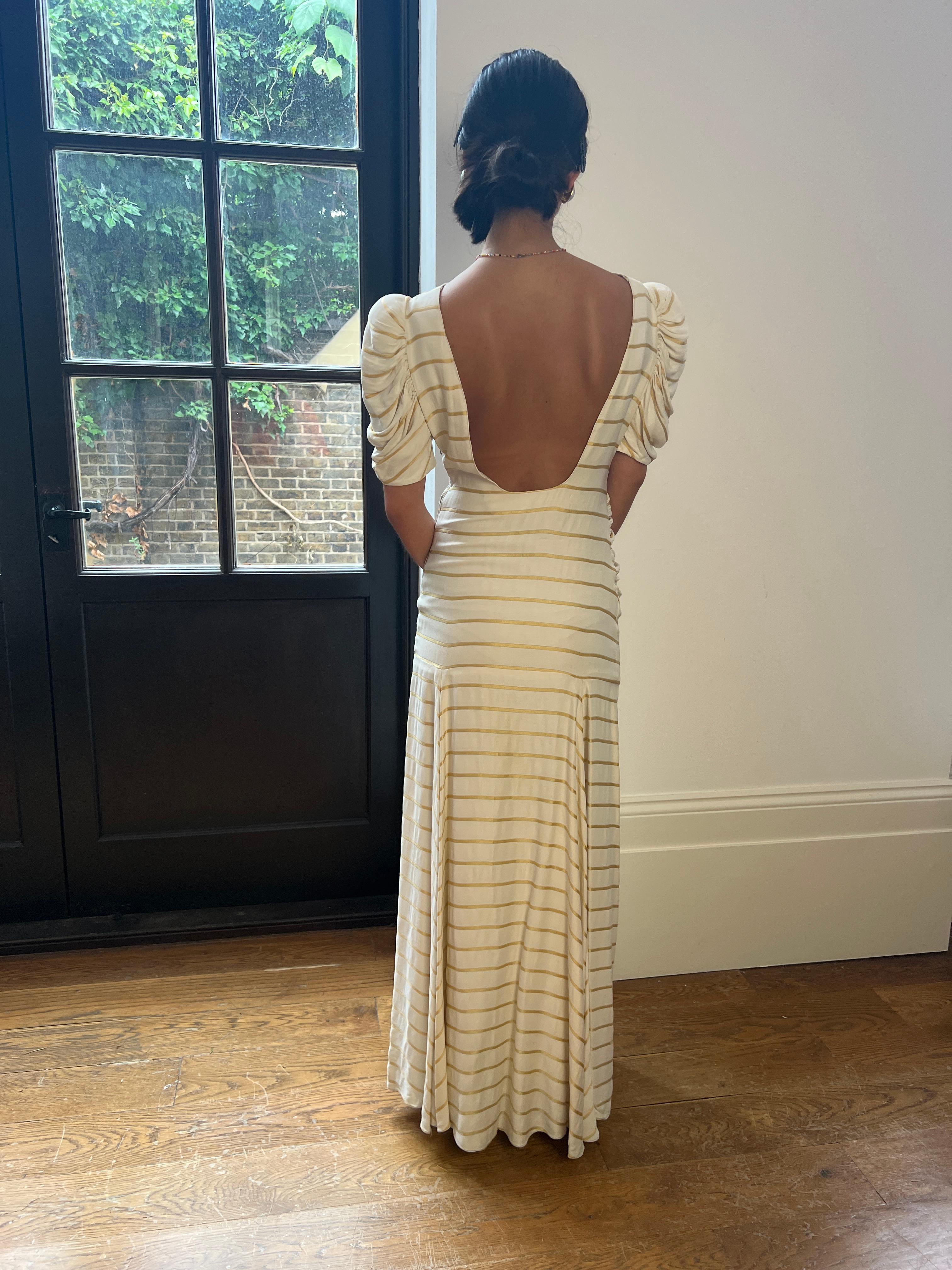 1930s Silk Dress With Sunburst Bodice and Gold Silk Thread Stripes 2