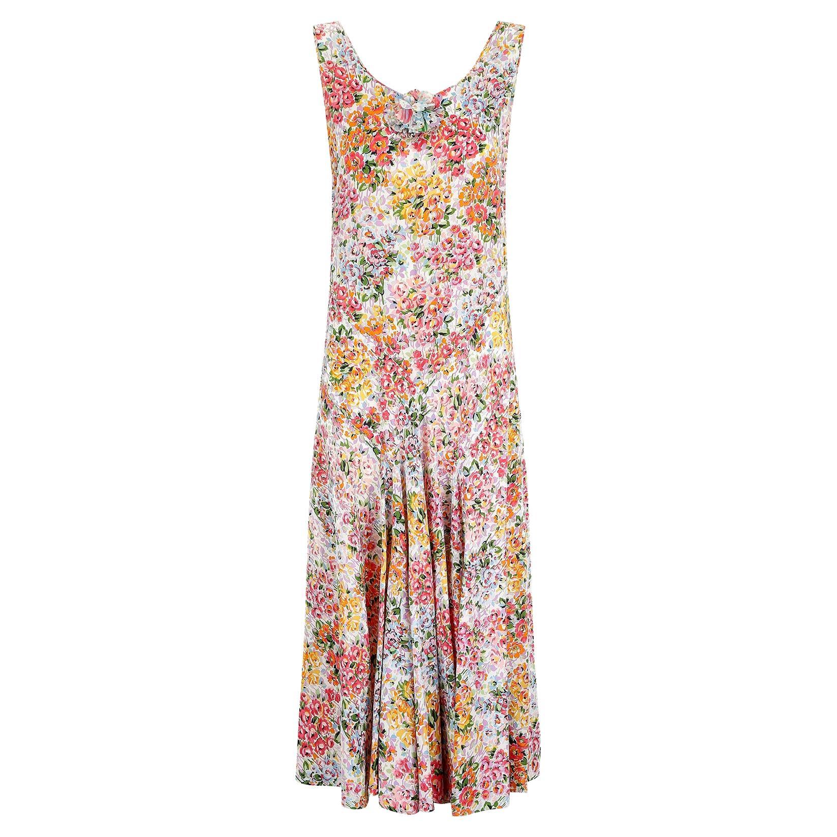1930s Silk Floral Bias Cut Dress with Applique For Sale