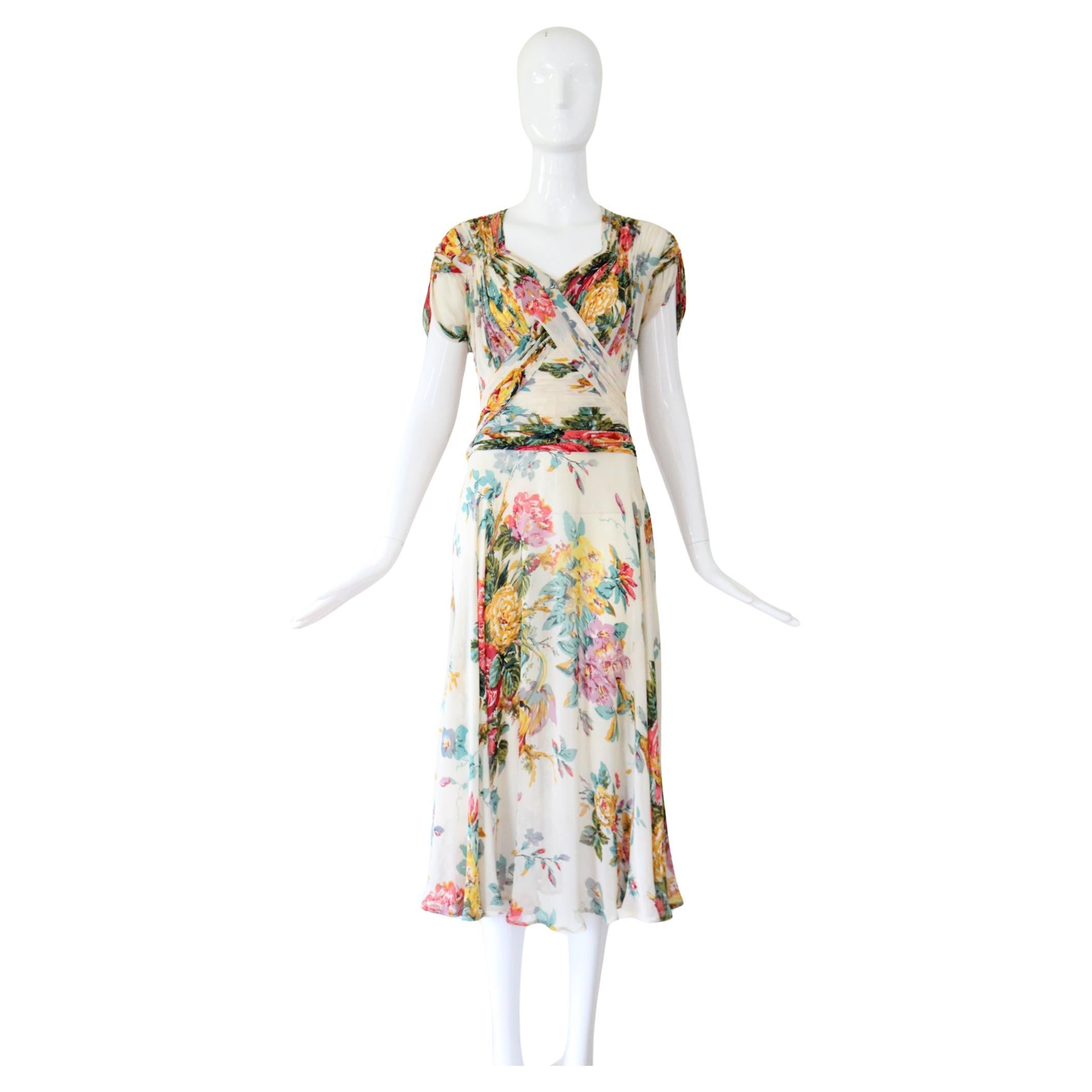 1930's Silk Floral Chiffon Pleated Dress Wildflower Print UK 10 US 6