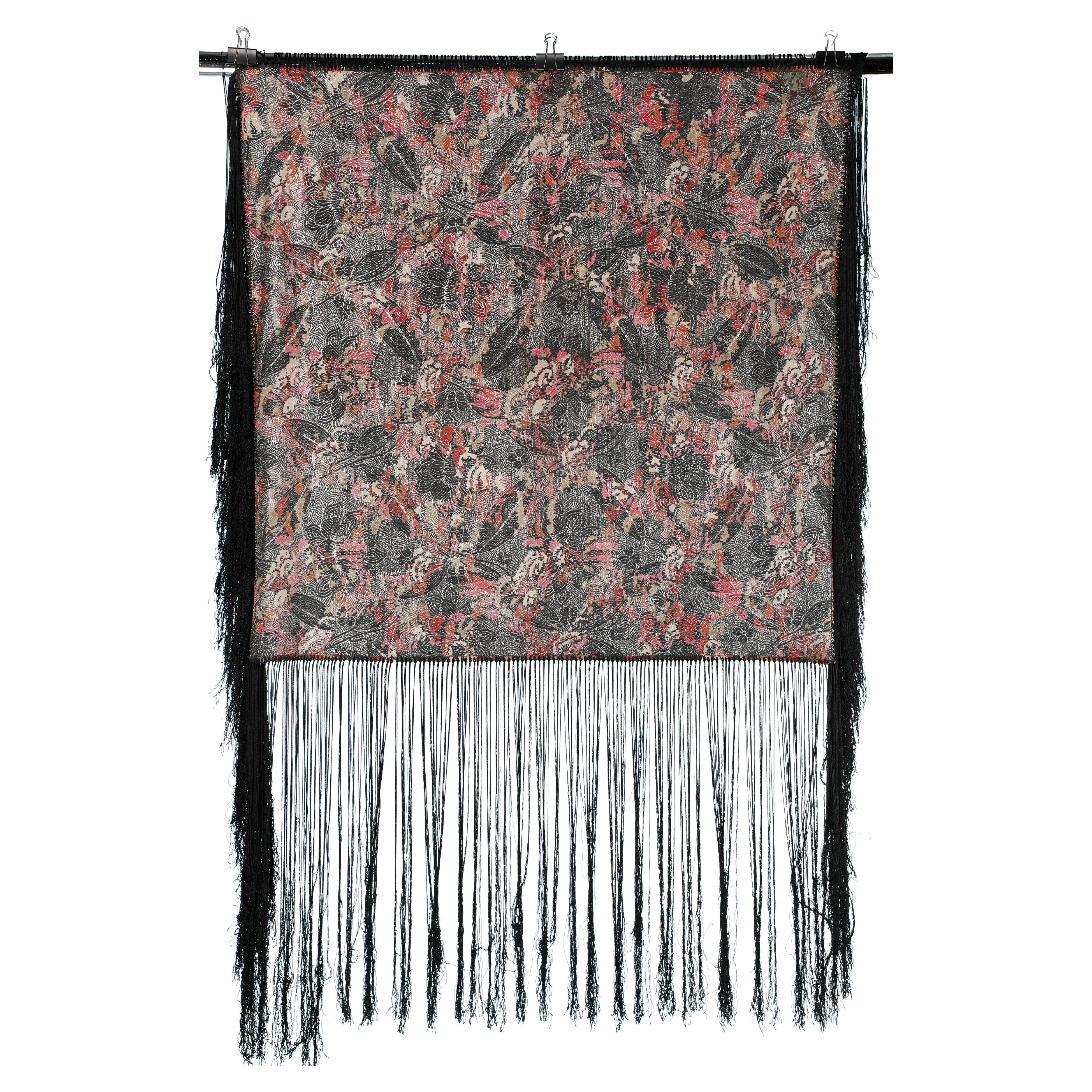 1930's Silk jacquard shawl mix with lurex and black silk fringes  For Sale