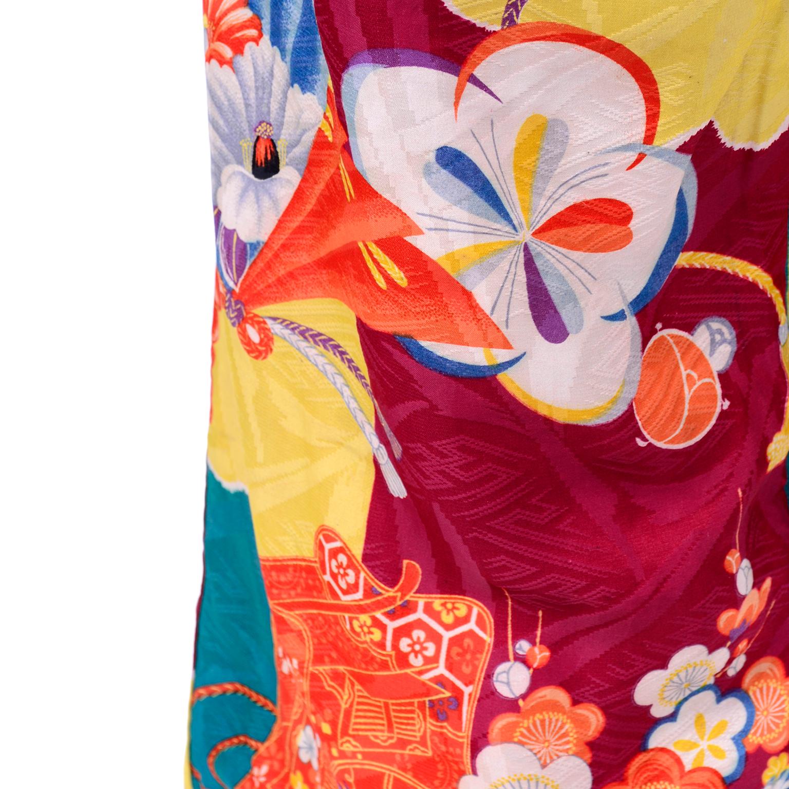 1930s Silk Japanese Susoyoke Skirt in Orange Red Yellow & Blue Damask Print  3