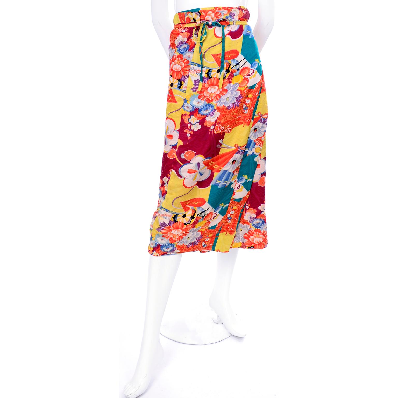 1930s Silk Japanese Susoyoke Skirt in Orange Red Yellow & Blue Damask Print  4