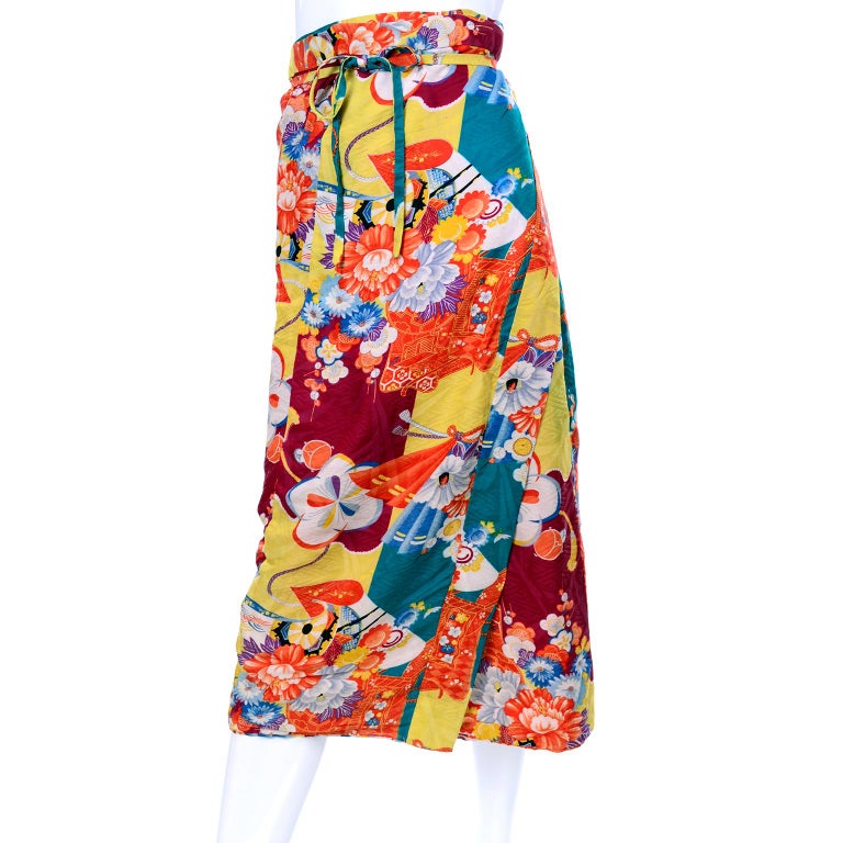 1930s Silk Japanese Susoyoke Skirt in Orange Red Yellow and Blue Damask ...
