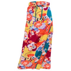 1930s Silk Japanese Susoyoke Skirt in Orange Red Yellow & Blue Damask Print
