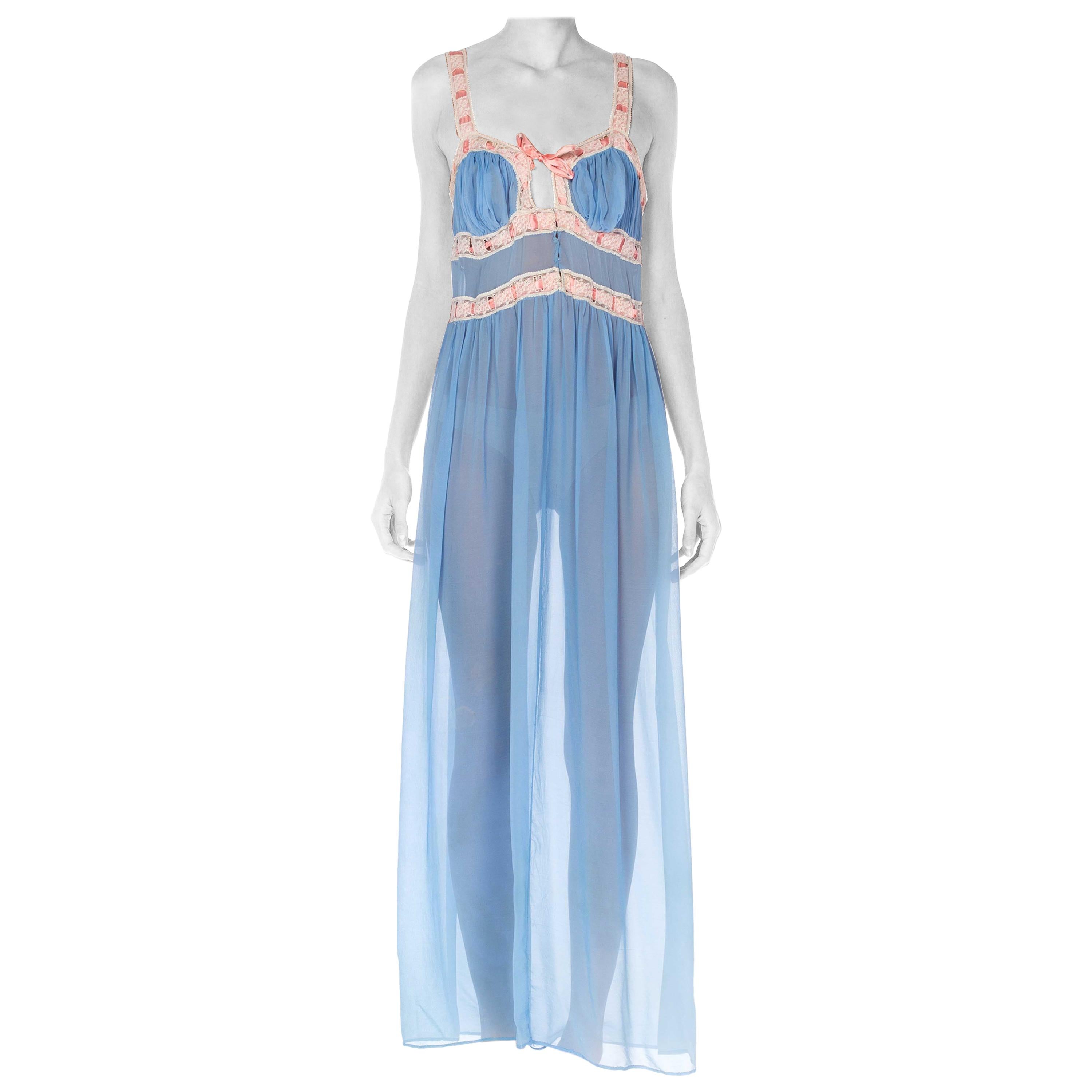 1940S Blue Silk Chiffon & Cream Lace Negligee With Pink Ribbon