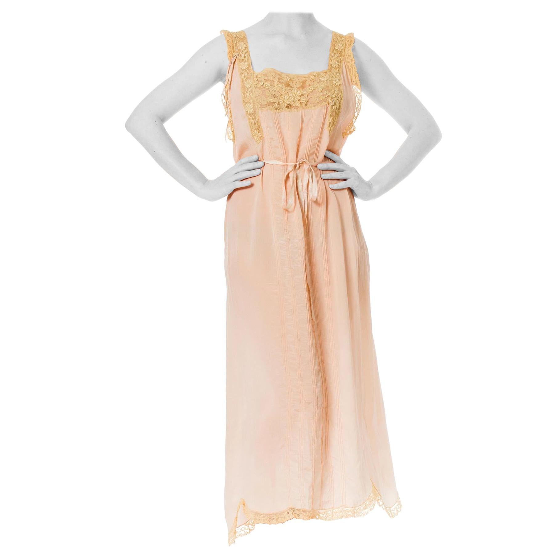 1920S Blush Pink Silk & Lace Negligee With Floral Embroidery Pin Tucks