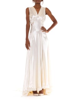 1930S  Cream Bias Cut Rayon & Silk Charmeuse As-Is Wedding Gown With A Massive