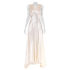 1930S  Cream Bias Cut Rayon & Silk Charmeuse As-Is Wedding Gown With A Massive 