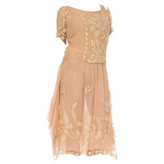 Antique 1920S Blush Pink Silk Mousseline & Hand-Made Ecru Filliet Lace Dress