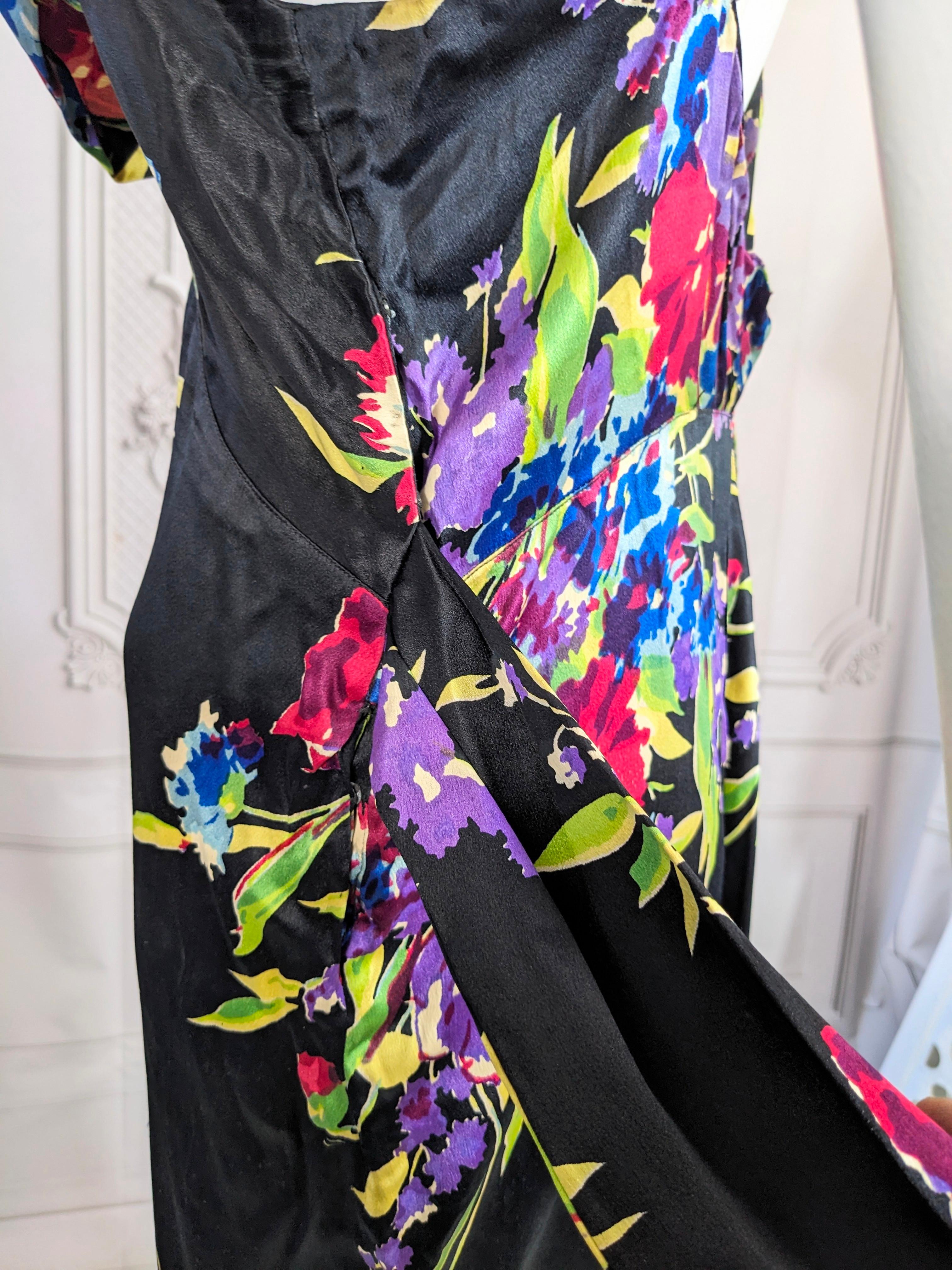 Geblümtes Seidensatin-Kleid aus den 1930er Jahren, Paul Poiret Textil im Angebot 8