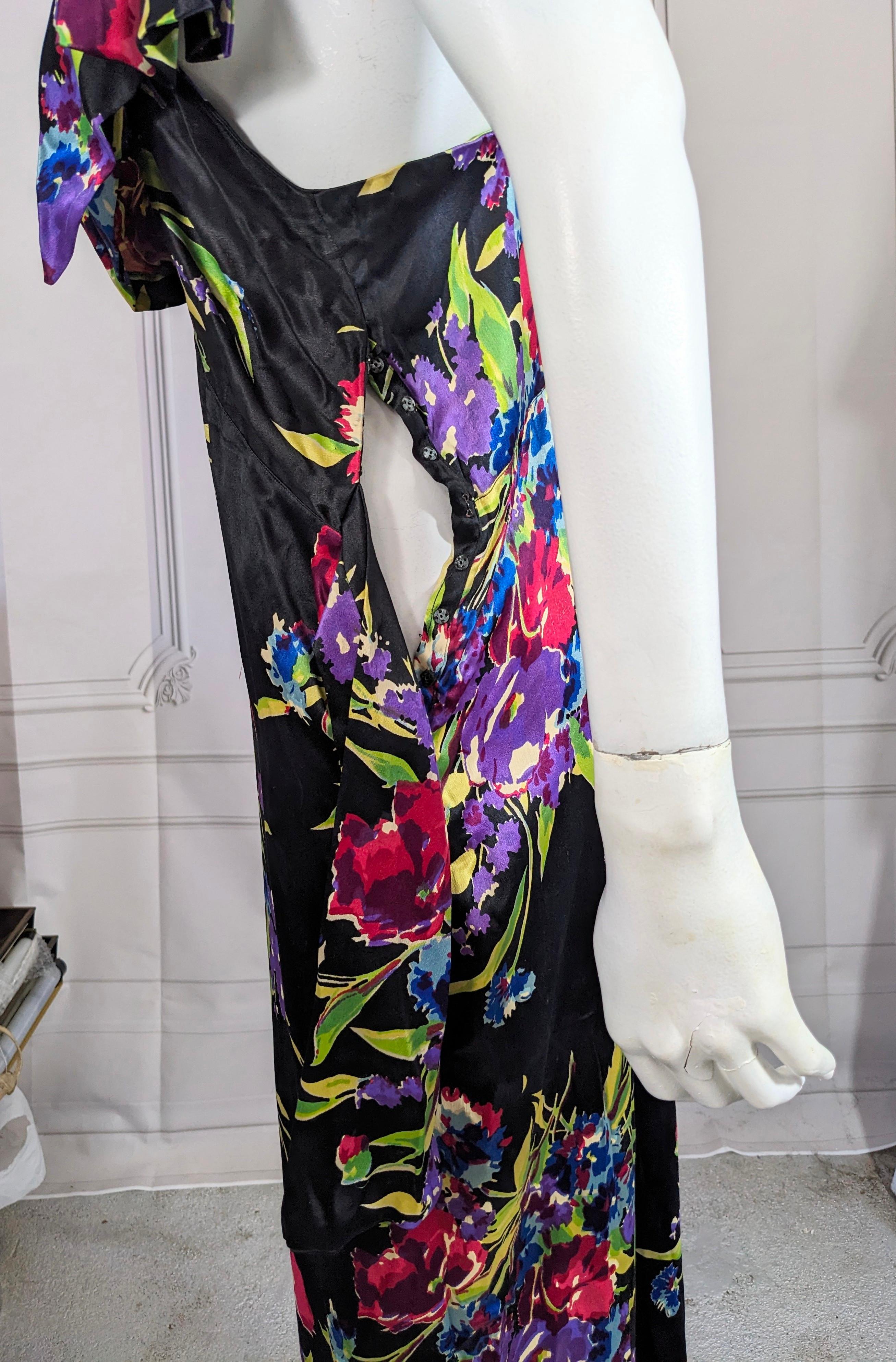 Geblümtes Seidensatin-Kleid aus den 1930er Jahren, Paul Poiret Textil im Angebot 9