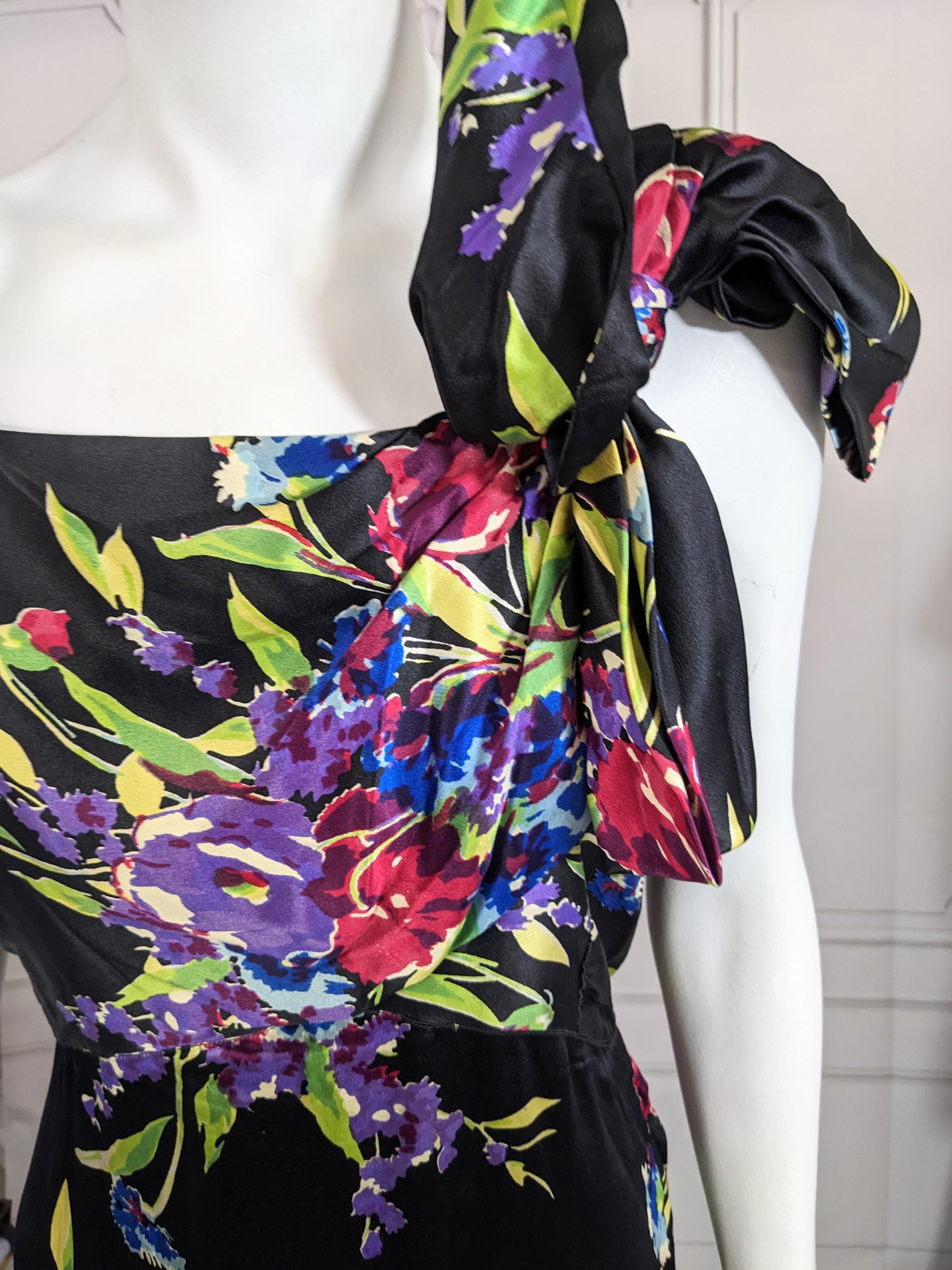 Geblümtes Seidensatin-Kleid aus den 1930er Jahren, Paul Poiret Textil Damen im Angebot
