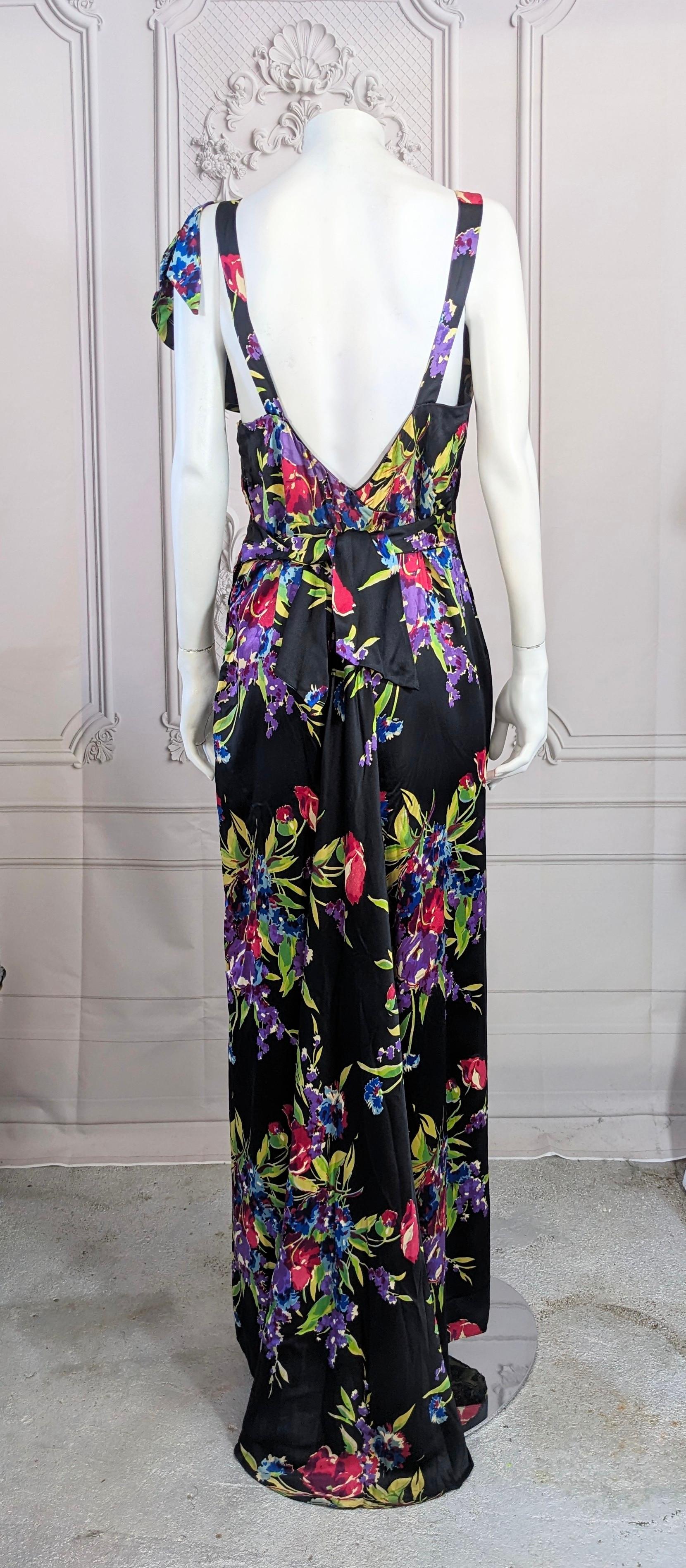 Geblümtes Seidensatin-Kleid aus den 1930er Jahren, Paul Poiret Textil im Angebot 4
