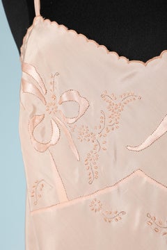1930's  silk slip dress in embroidered silk thread and silk bow appliqué