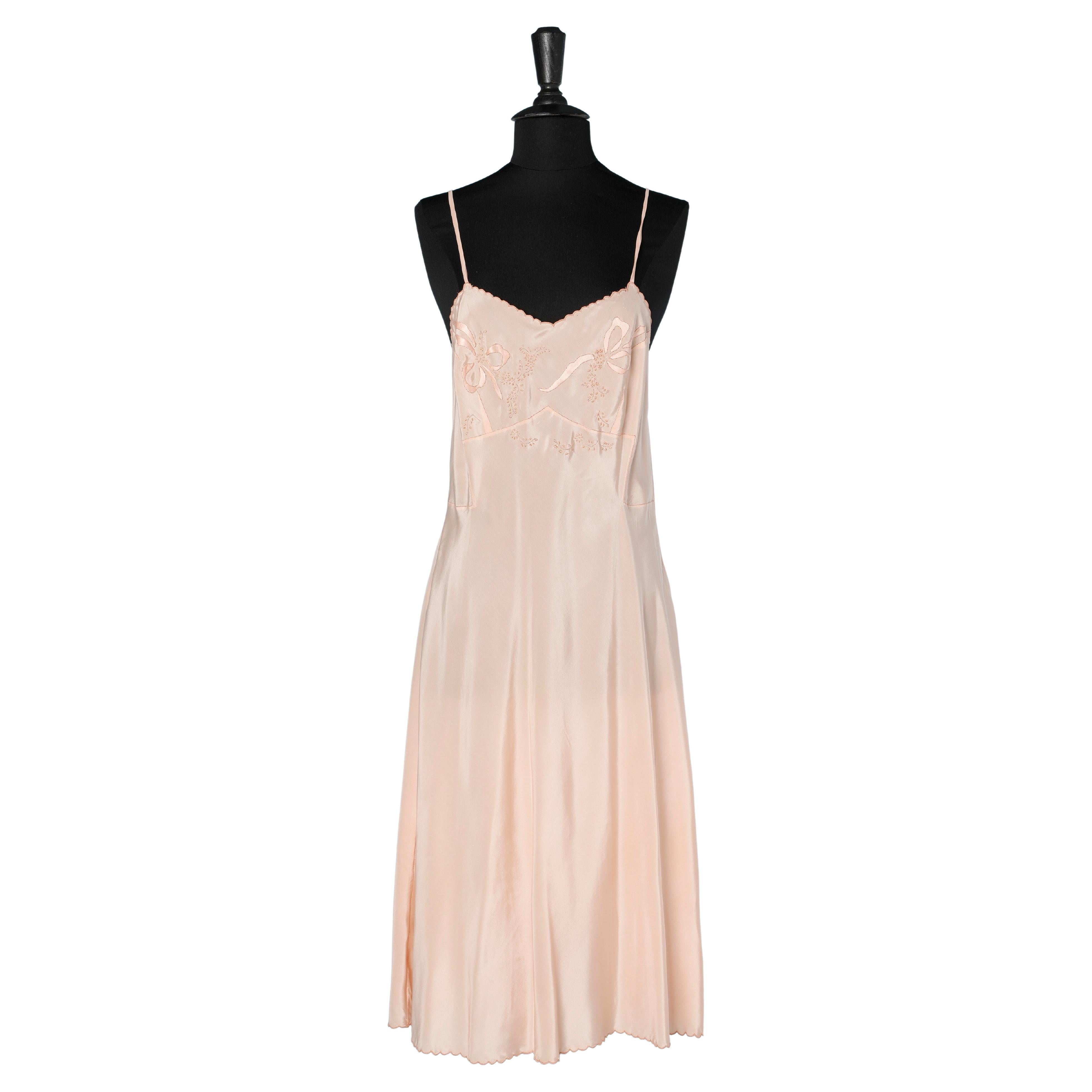 1930's  silk slip dress in embroidered silk thread and silk bow appliqué  For Sale