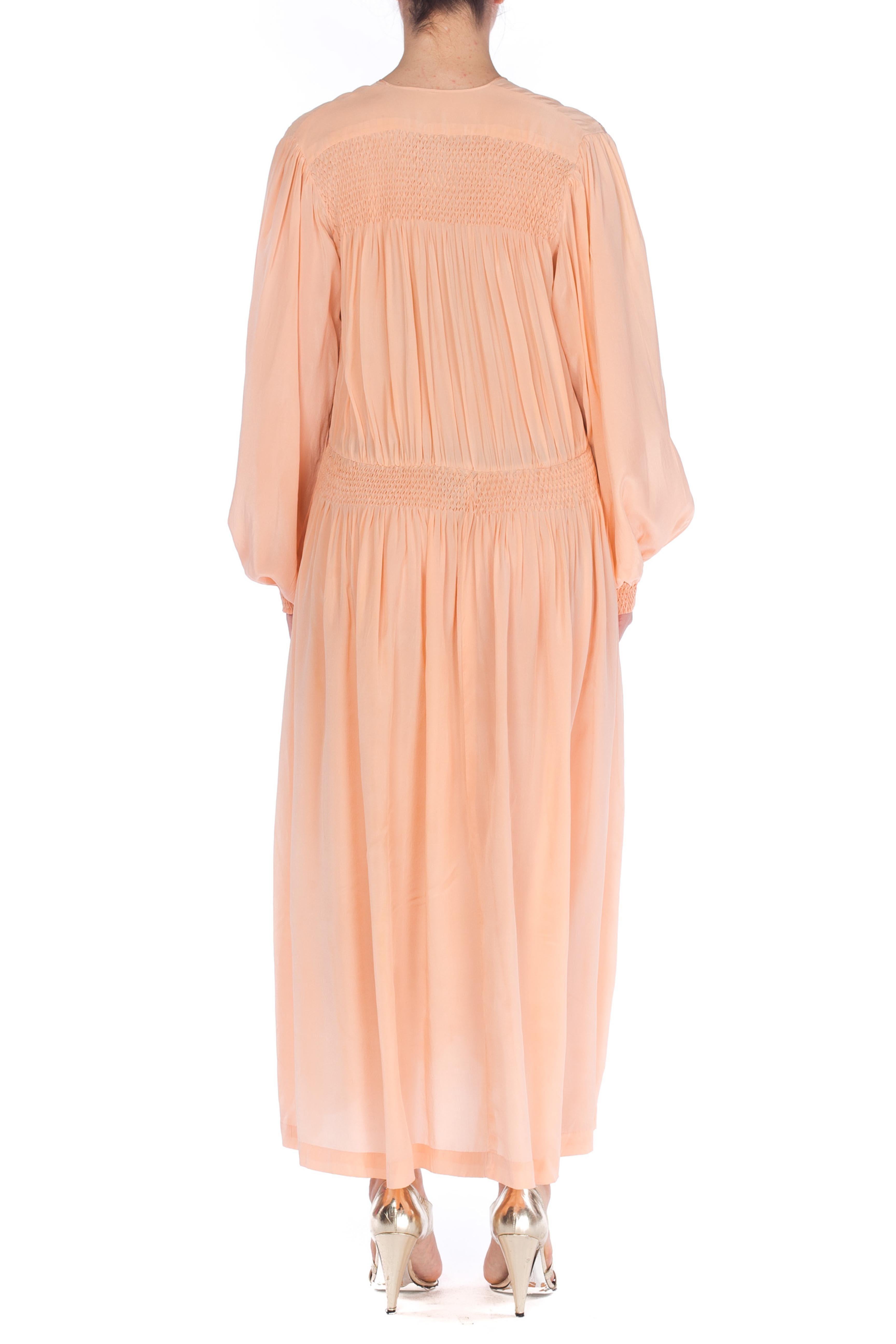 Orange 1940S Peach Silk Crepe De Chine Long Sleeve  Dress With Hand Smocked Detailing  For Sale