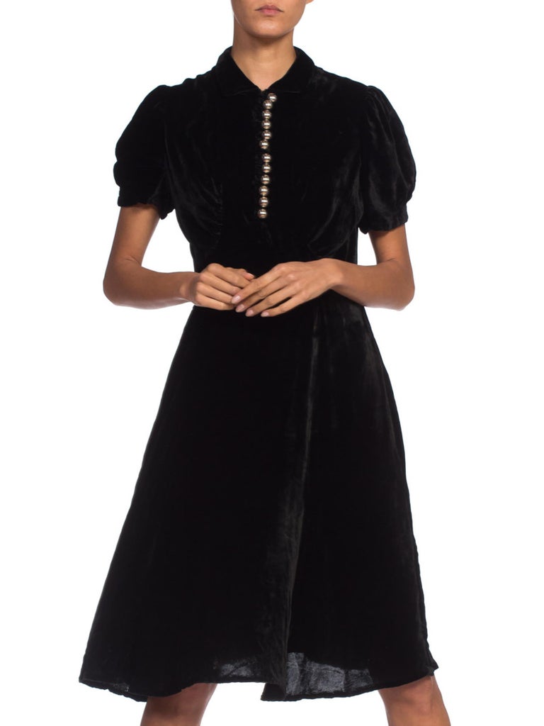 1930S Black Bias Cut Silk Velvet Dress With Fab Silver Buttons and Puff ...