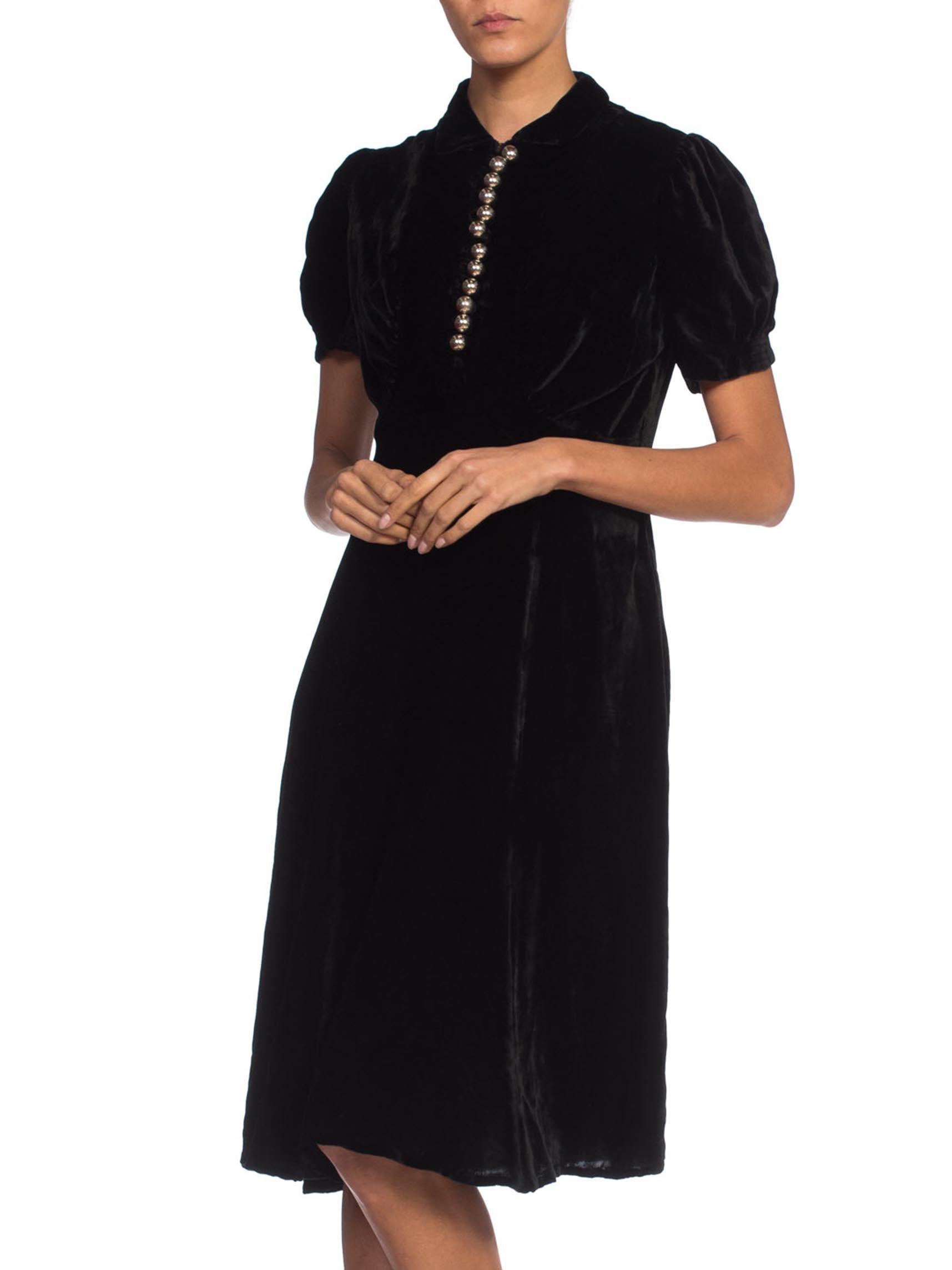 Women's 1930S Black Bias Cut Silk Velvet Dress With Fab Silver Buttons & Puff Sleeves For Sale