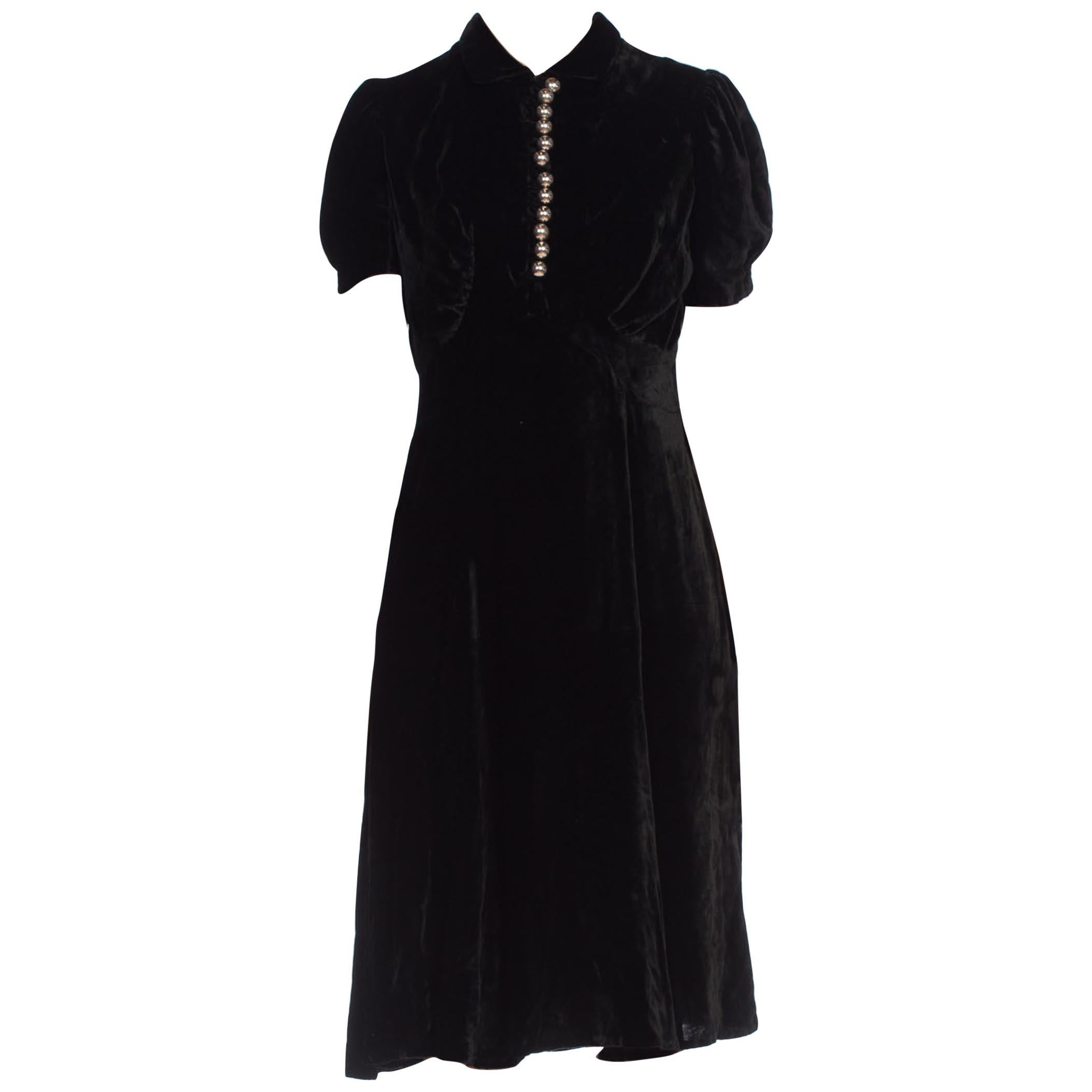 1930S Black Bias Cut Silk Velvet Dress With Fab Silver Buttons & Puff Sleeves For Sale