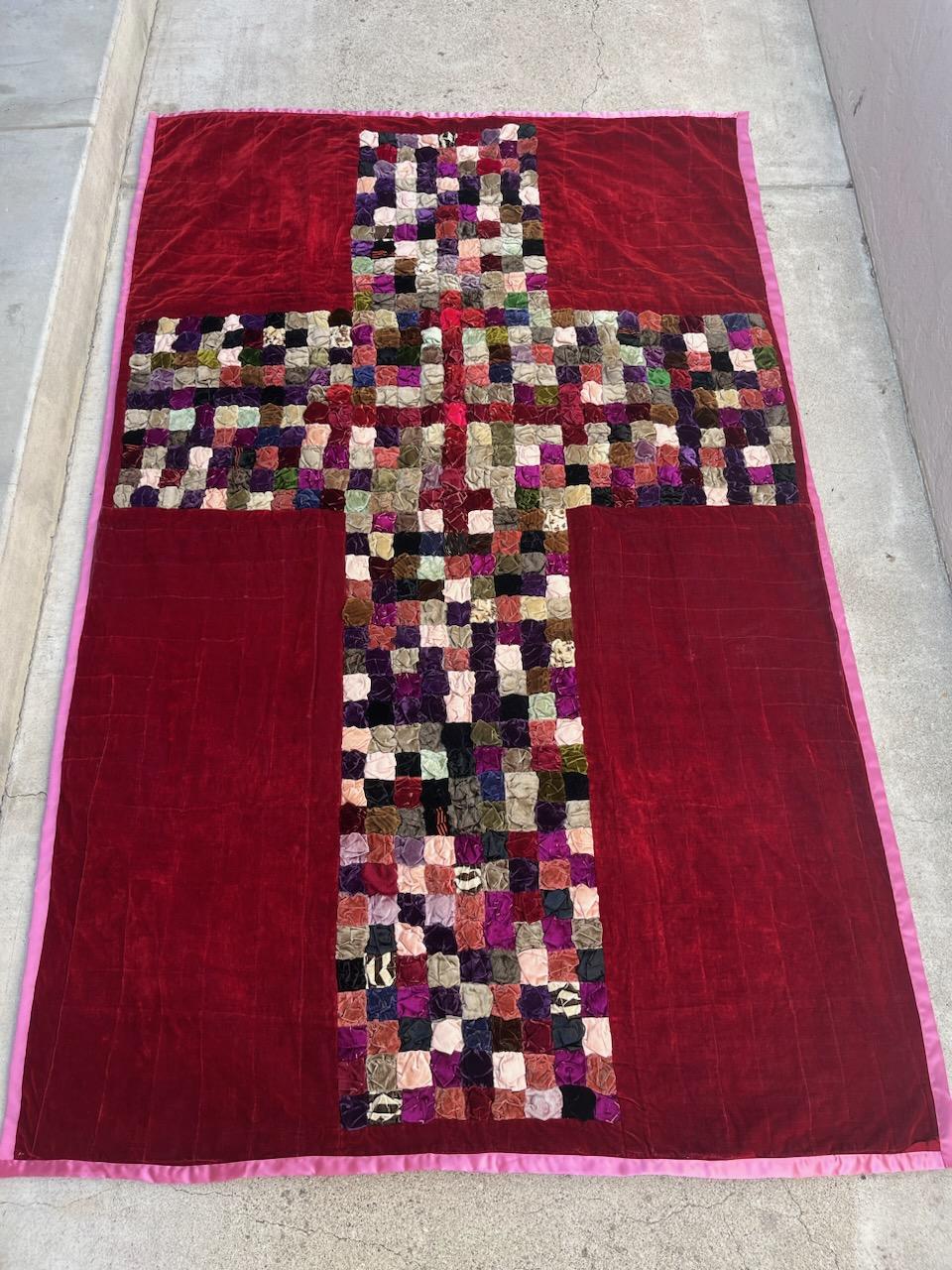 Velvet Cross Quilt Circa 1930s with all silk backing found in Pennsylvania. Puff Cross pattern. Wonderful colors and great thickness. 