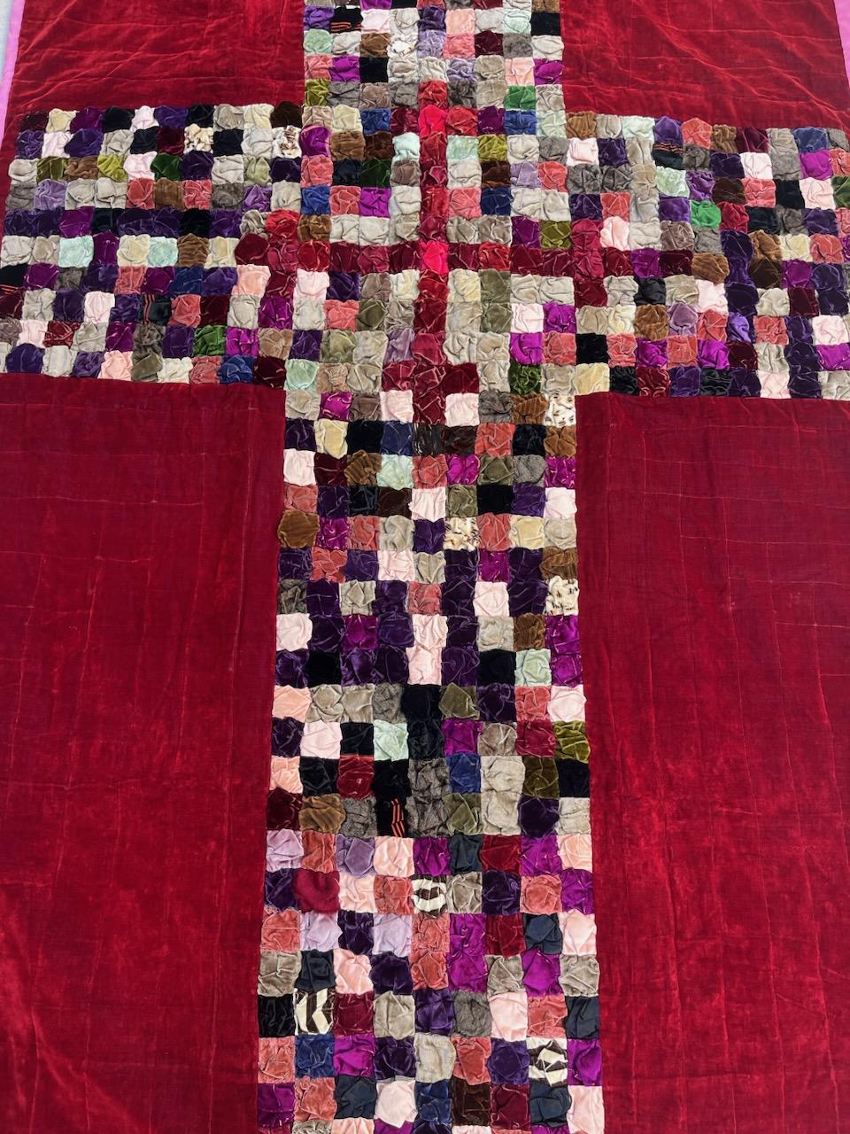 Adirondack 1930s Silk Velvet Cross Pattern Quilt