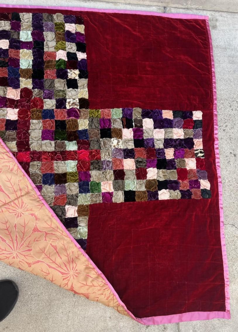 Mid-20th Century 1930s Silk Velvet Cross Pattern Quilt